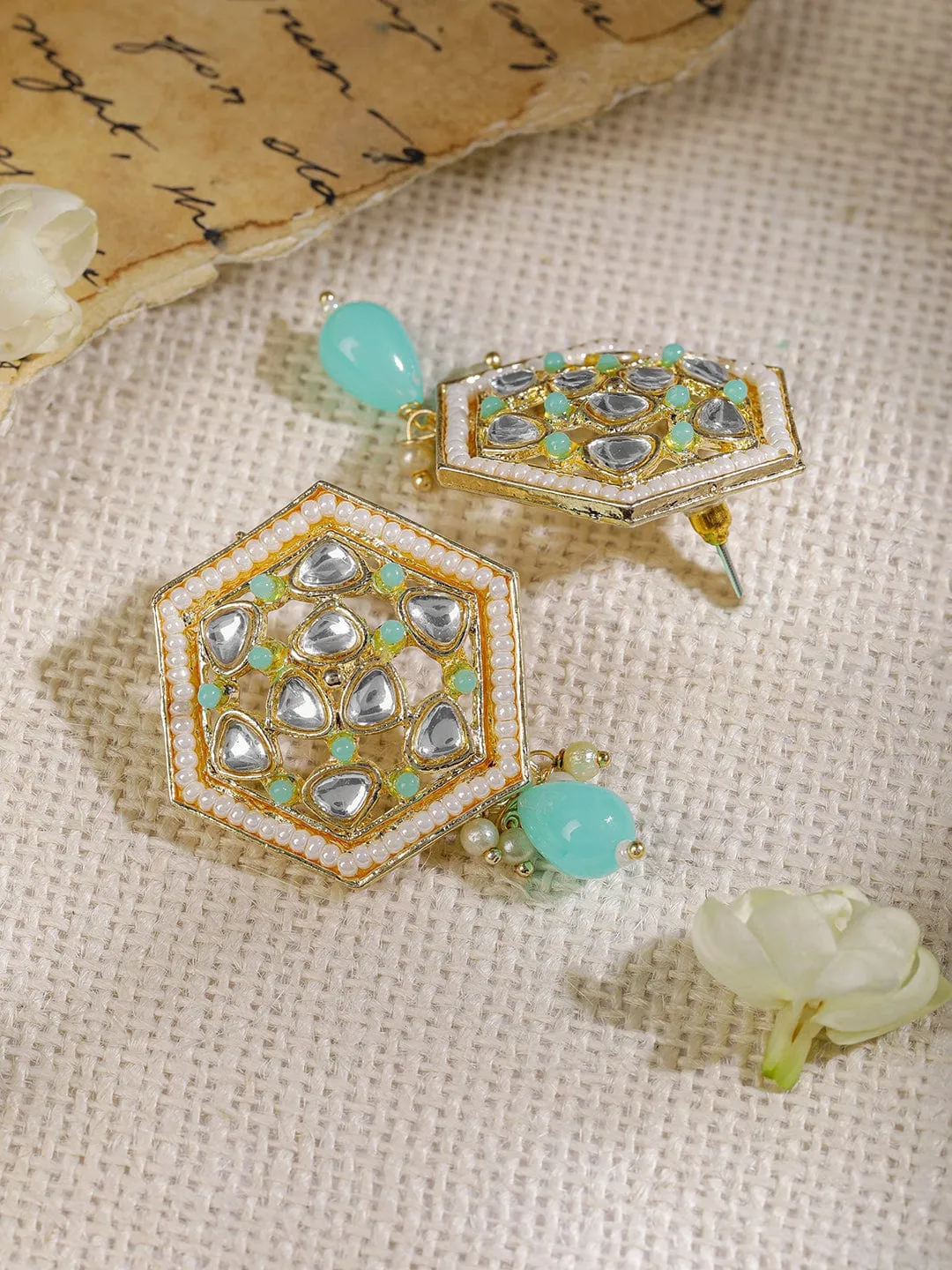 Gold Plated Kundan White & Blue Beads Stud Earrings