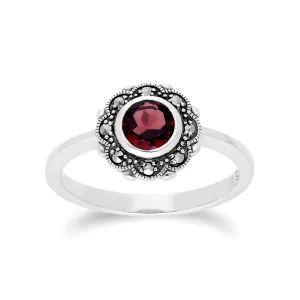 Granat Ring, Sterling Silber Granat & Markasit Kunst Nouveau Blume Ring