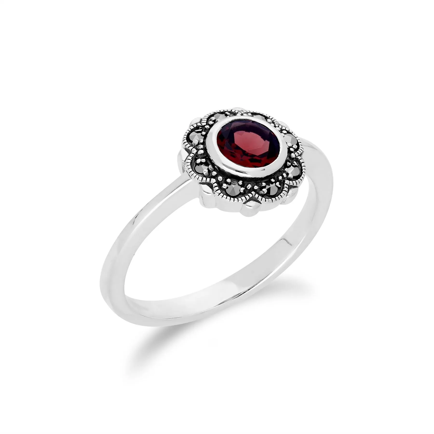 Granat Ring, Sterling Silber Granat & Markasit Kunst Nouveau Blume Ring