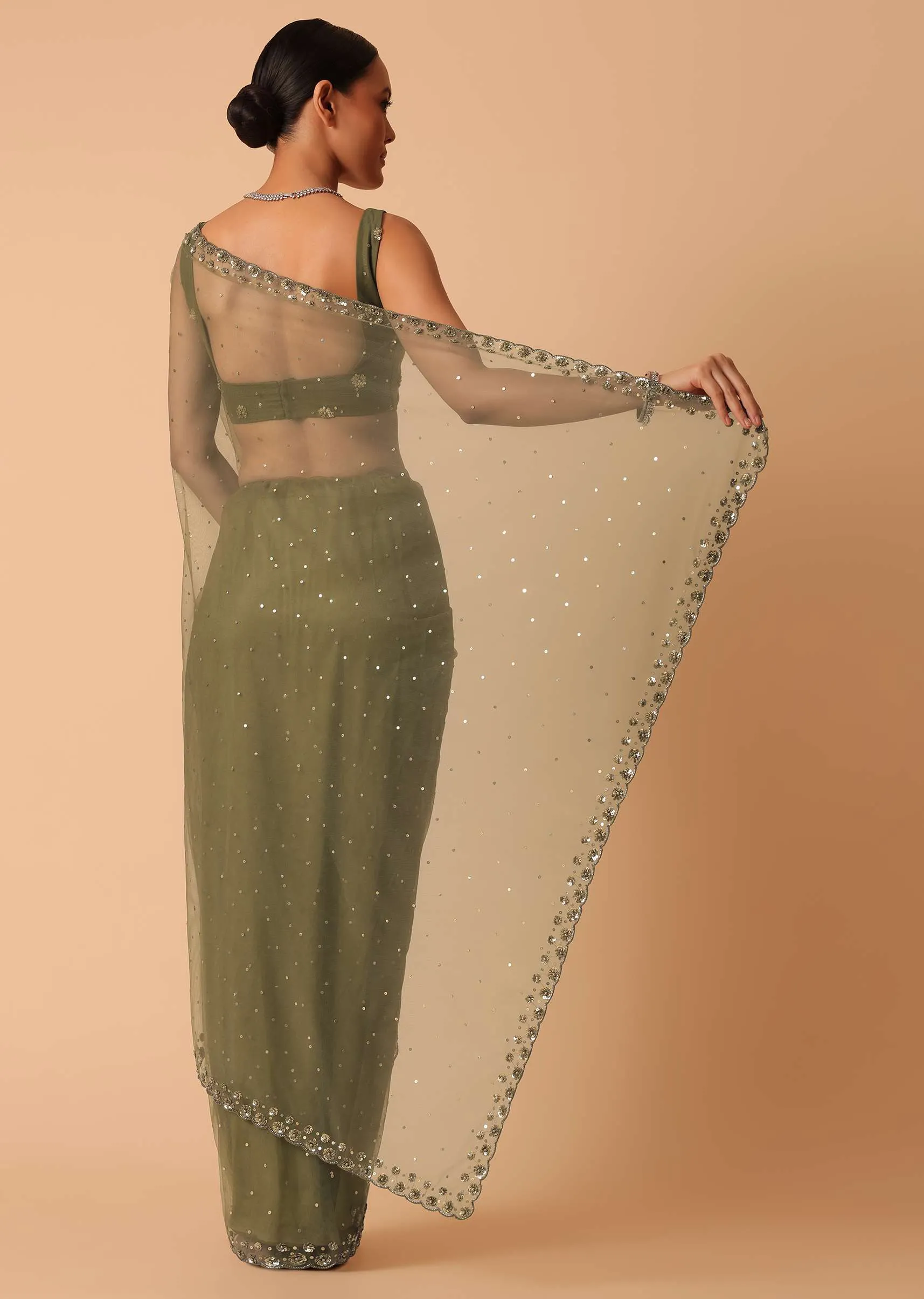 Green Net Saree With Sequin Work And Unstitched Blouse Piece