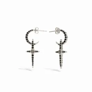 Grey Moonstone Crescent Cross Hoops