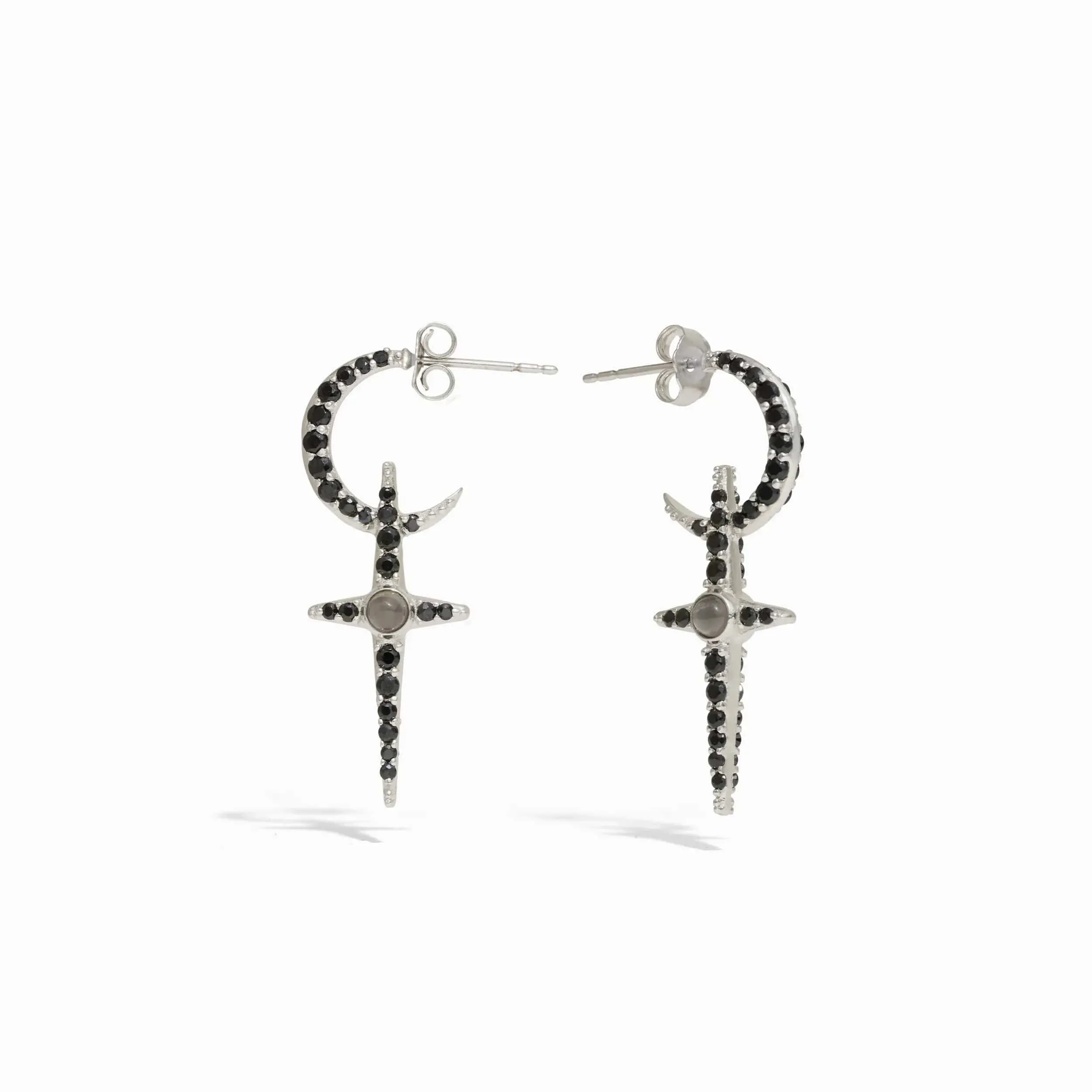 Grey Moonstone Crescent Cross Hoops