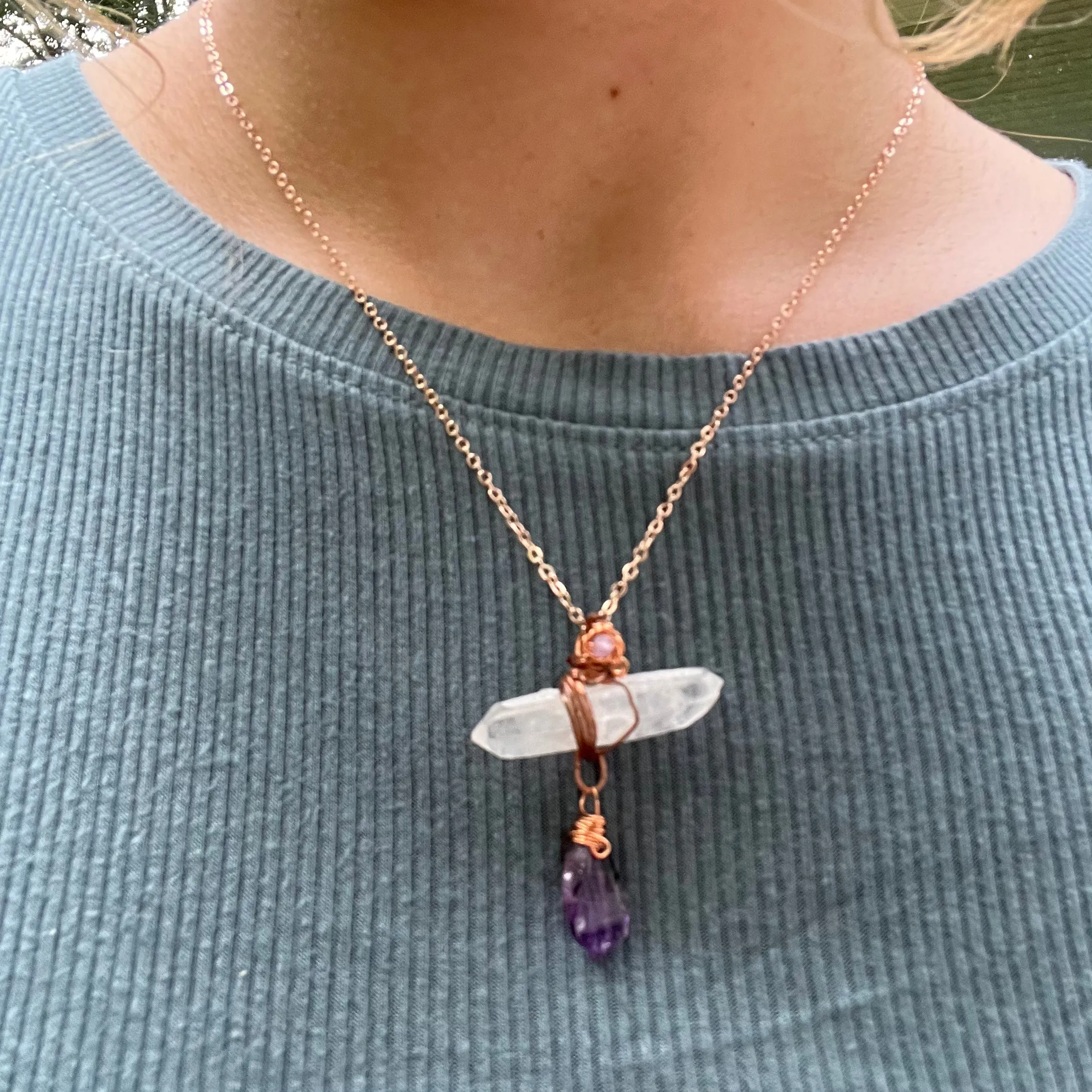 Handmade Wire-Wrapped Double Terminated Quartz & Amethyst Pendant
