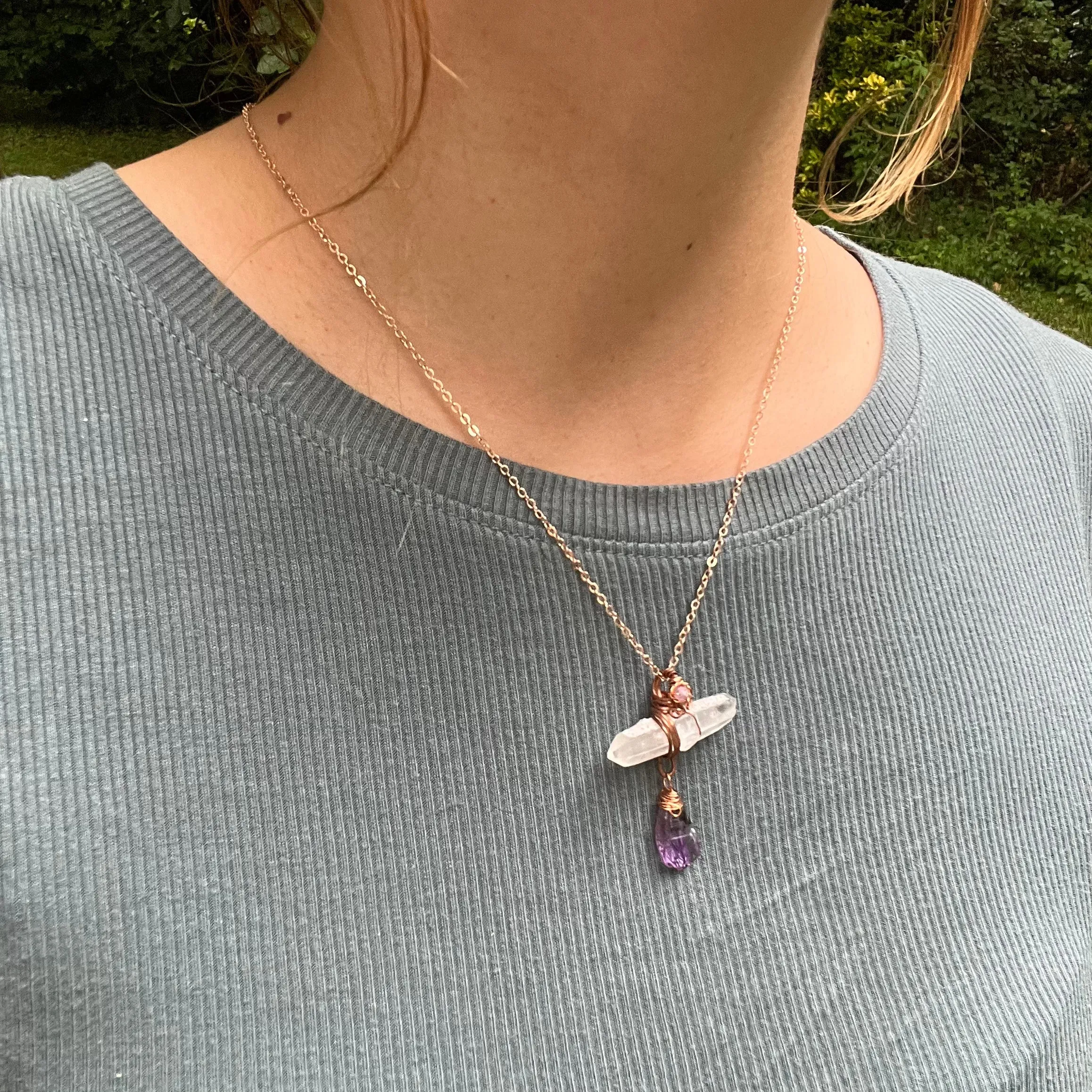 Handmade Wire-Wrapped Double Terminated Quartz & Amethyst Pendant