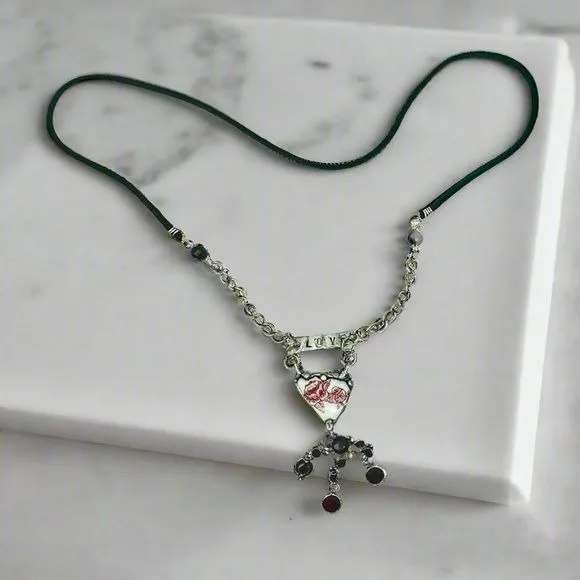 Heart Broken China Pendant W/ VNTG Garnet Tassel, Artisan Metalwork & Leather