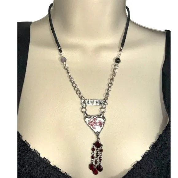 Heart Broken China Pendant W/ VNTG Garnet Tassel, Artisan Metalwork & Leather