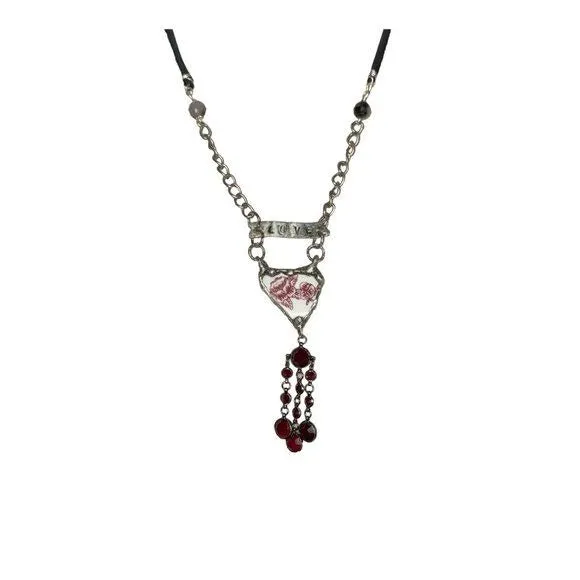 Heart Broken China Pendant W/ VNTG Garnet Tassel, Artisan Metalwork & Leather
