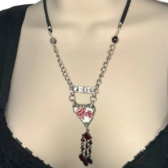 Heart Broken China Pendant W/ VNTG Garnet Tassel, Artisan Metalwork & Leather