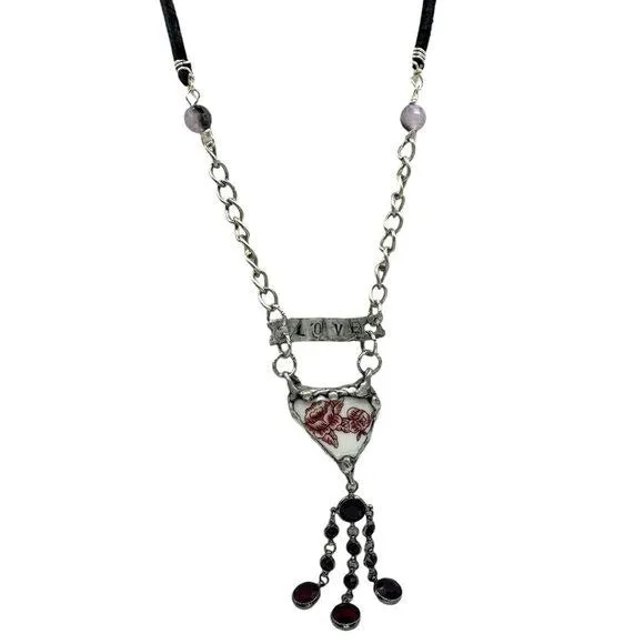 Heart Broken China Pendant W/ VNTG Garnet Tassel, Artisan Metalwork & Leather