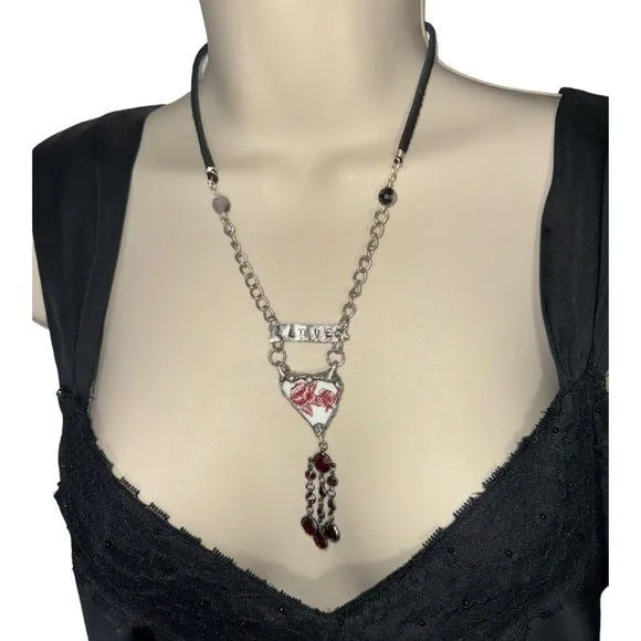 Heart Broken China Pendant W/ VNTG Garnet Tassel, Artisan Metalwork & Leather