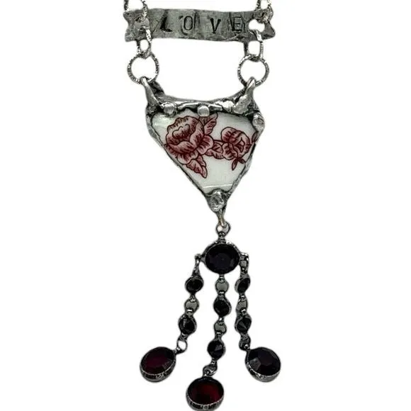 Heart Broken China Pendant W/ VNTG Garnet Tassel, Artisan Metalwork & Leather