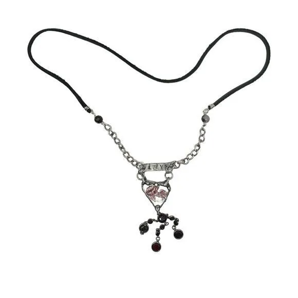 Heart Broken China Pendant W/ VNTG Garnet Tassel, Artisan Metalwork & Leather