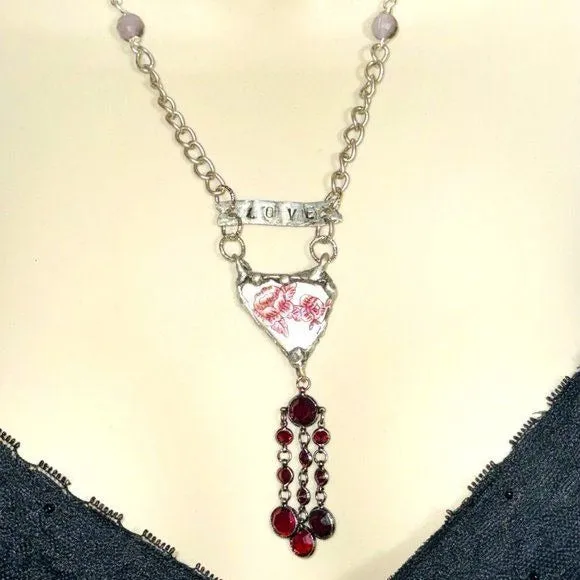 Heart Broken China Pendant W/ VNTG Garnet Tassel, Artisan Metalwork & Leather