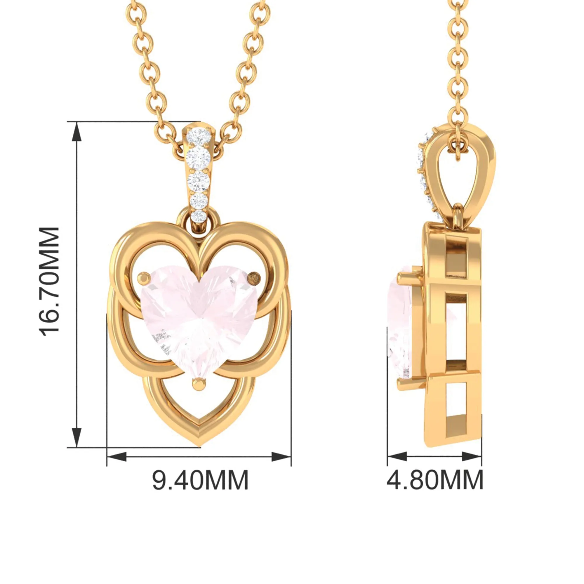 Heart Shape Solitaire Rose Quartz and Diamond Pendant