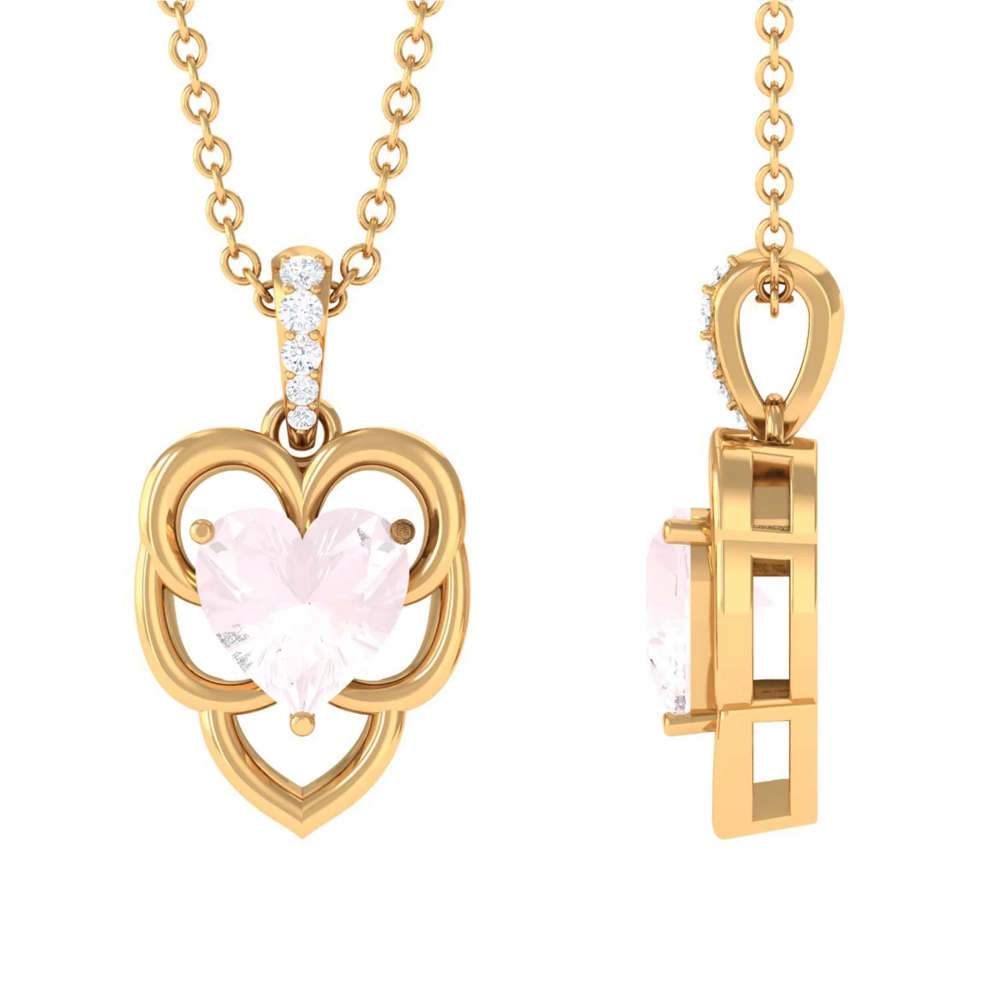 Heart Shape Solitaire Rose Quartz and Diamond Pendant