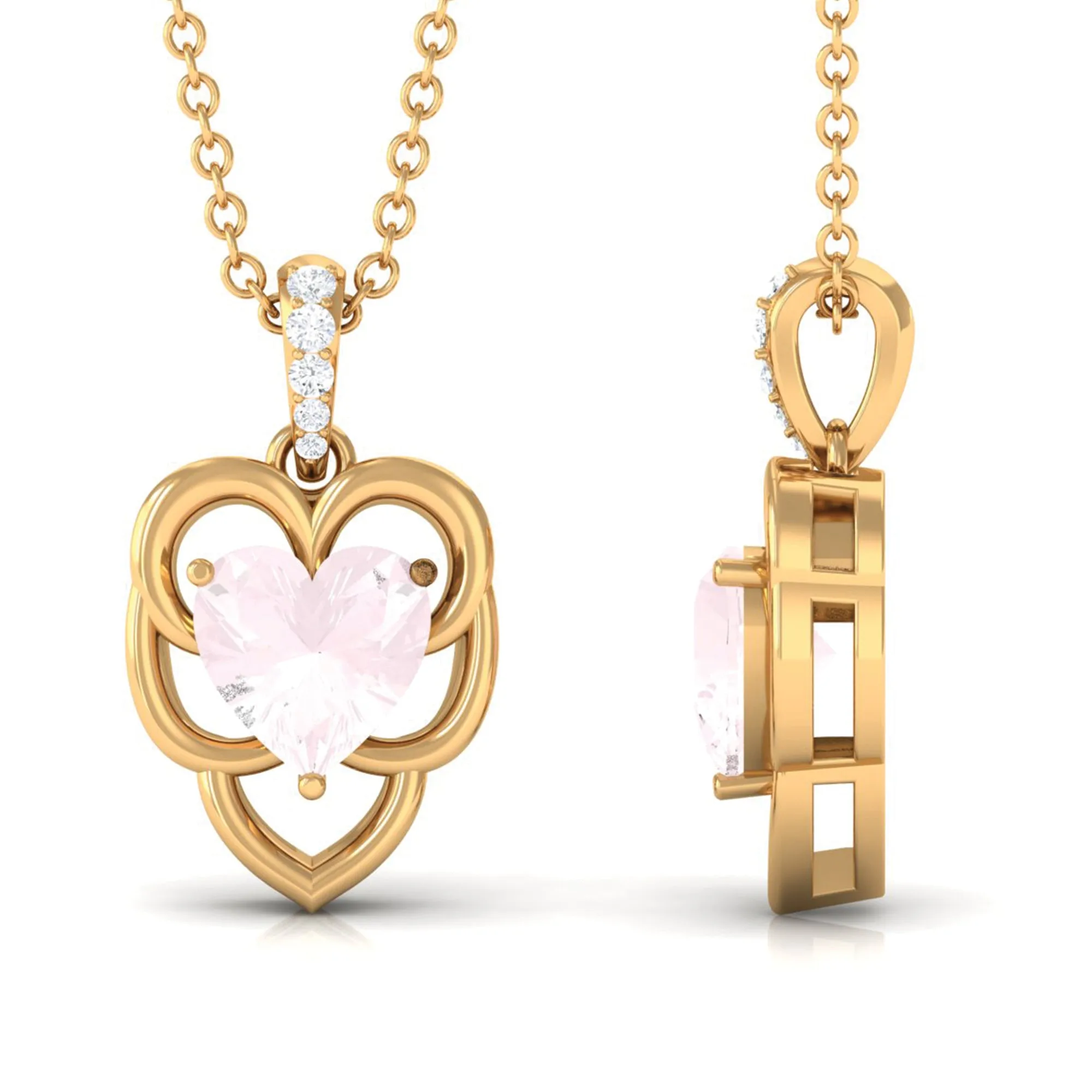 Heart Shape Solitaire Rose Quartz and Diamond Pendant