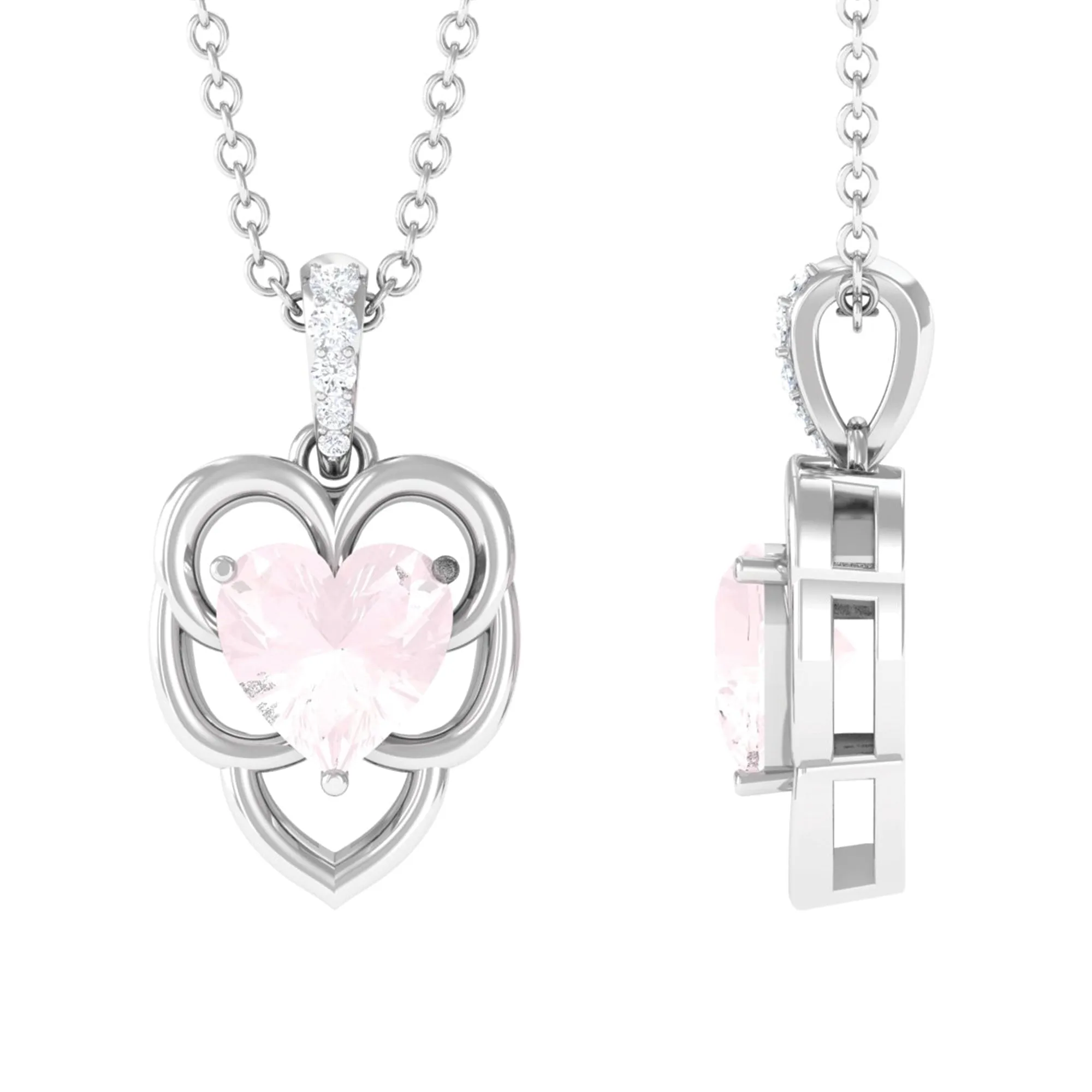 Heart Shape Solitaire Rose Quartz and Diamond Pendant