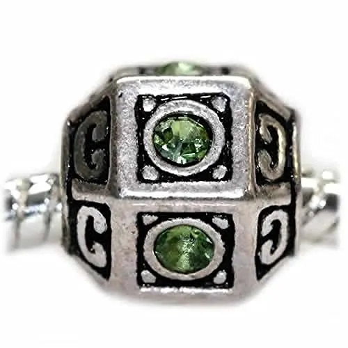 Hexagon w/ Light Green  Crystals August Peridot Birthstone  For Snake Chain Charm Bracelet