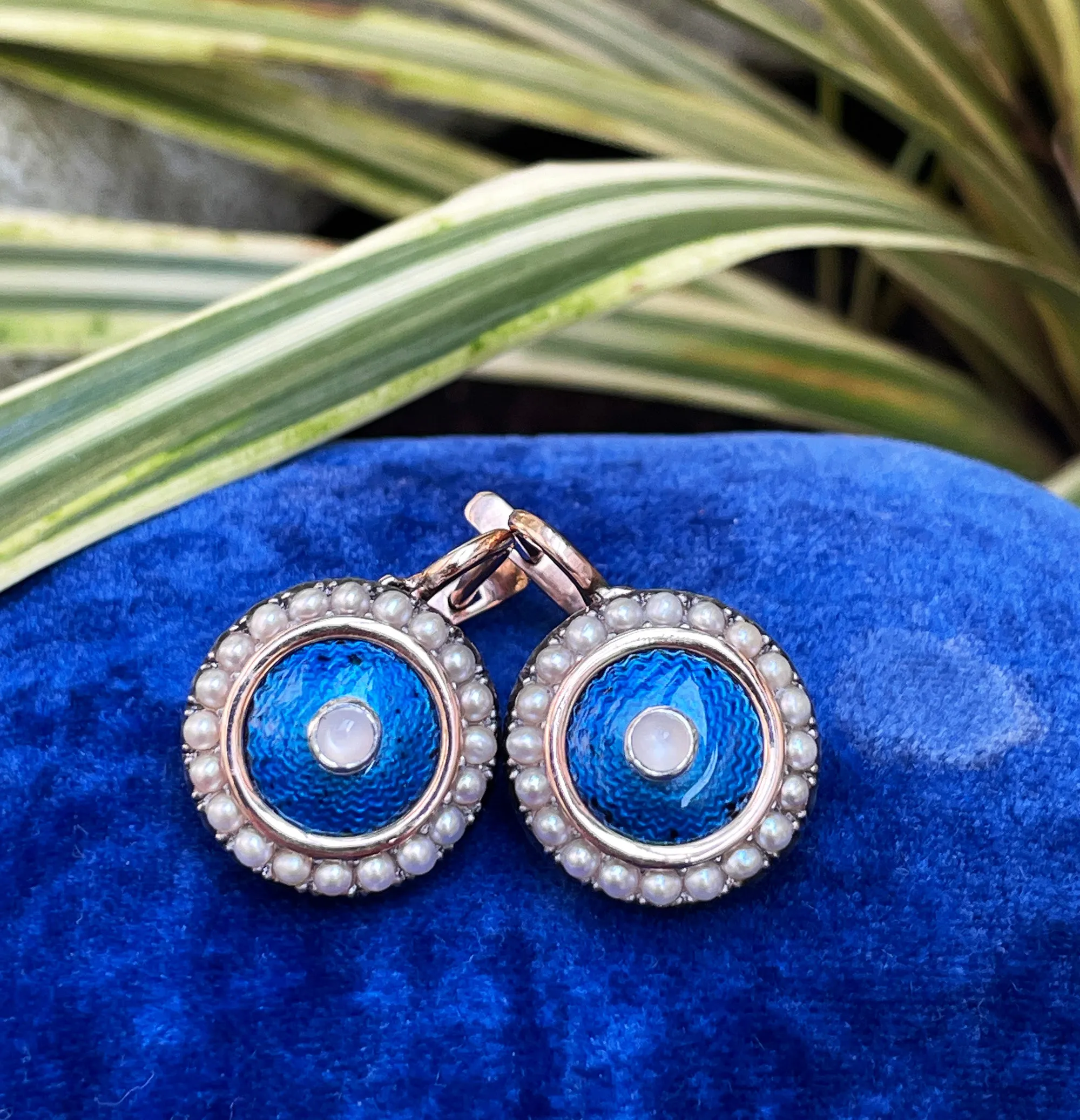 IMPERIAL RUSSIAN Faberge 14k Gold Moonstone Pearl Blue Guilloche Enamel Earrings