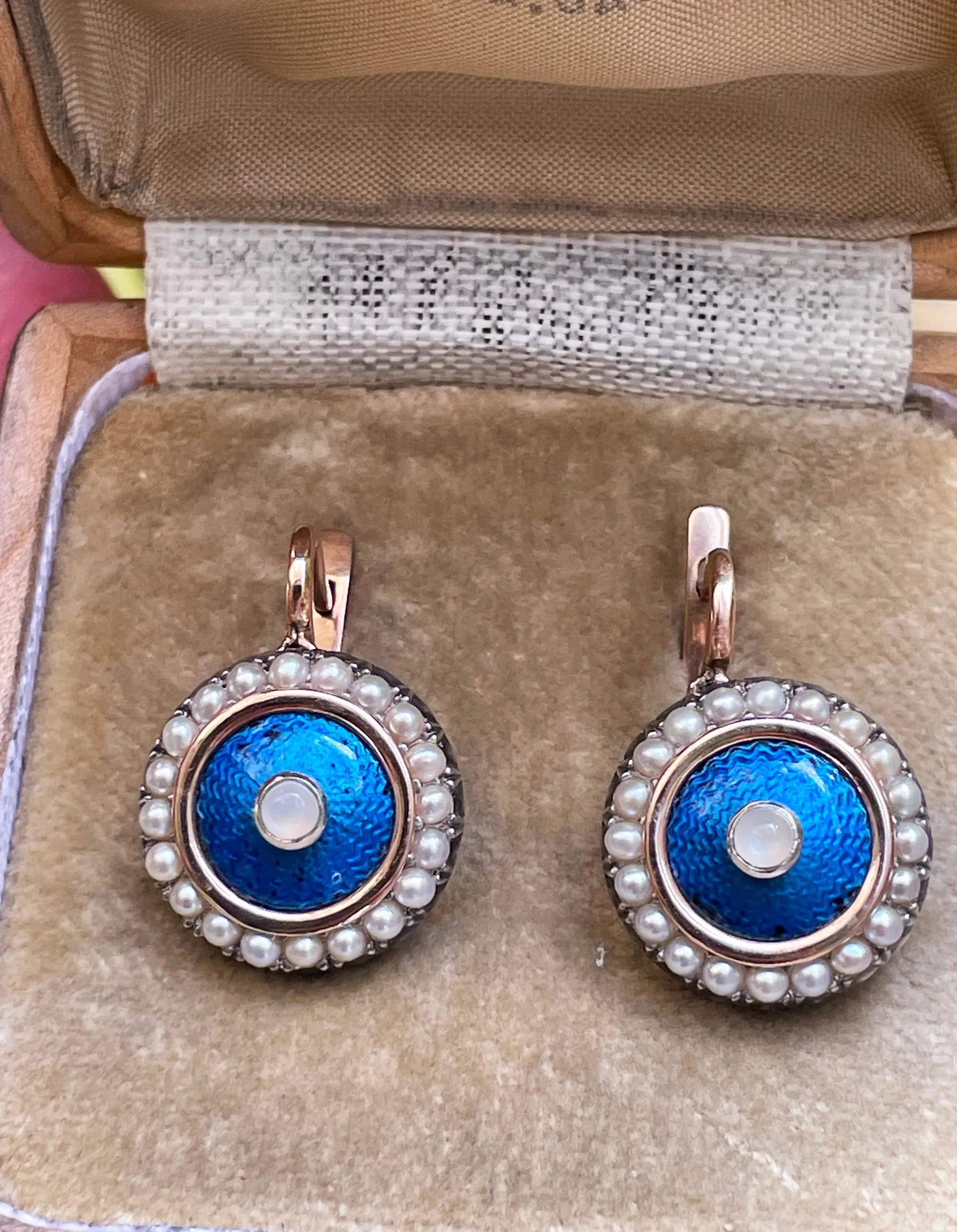 IMPERIAL RUSSIAN Faberge 14k Gold Moonstone Pearl Blue Guilloche Enamel Earrings