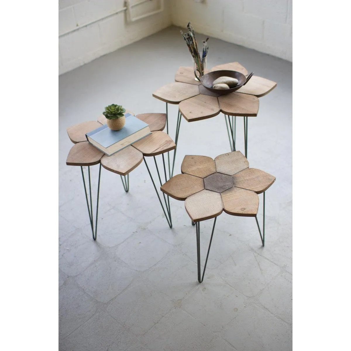 Kalalou - Set Of Three Flower Side Tables With Wooden Tops
