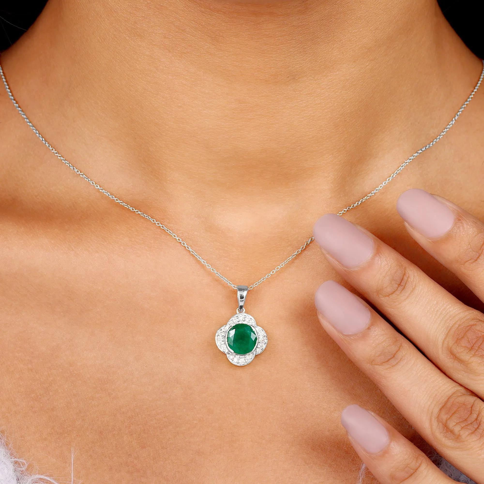 Lab Grown Emerald Flower Inspired Pendant Necklace With Diamond