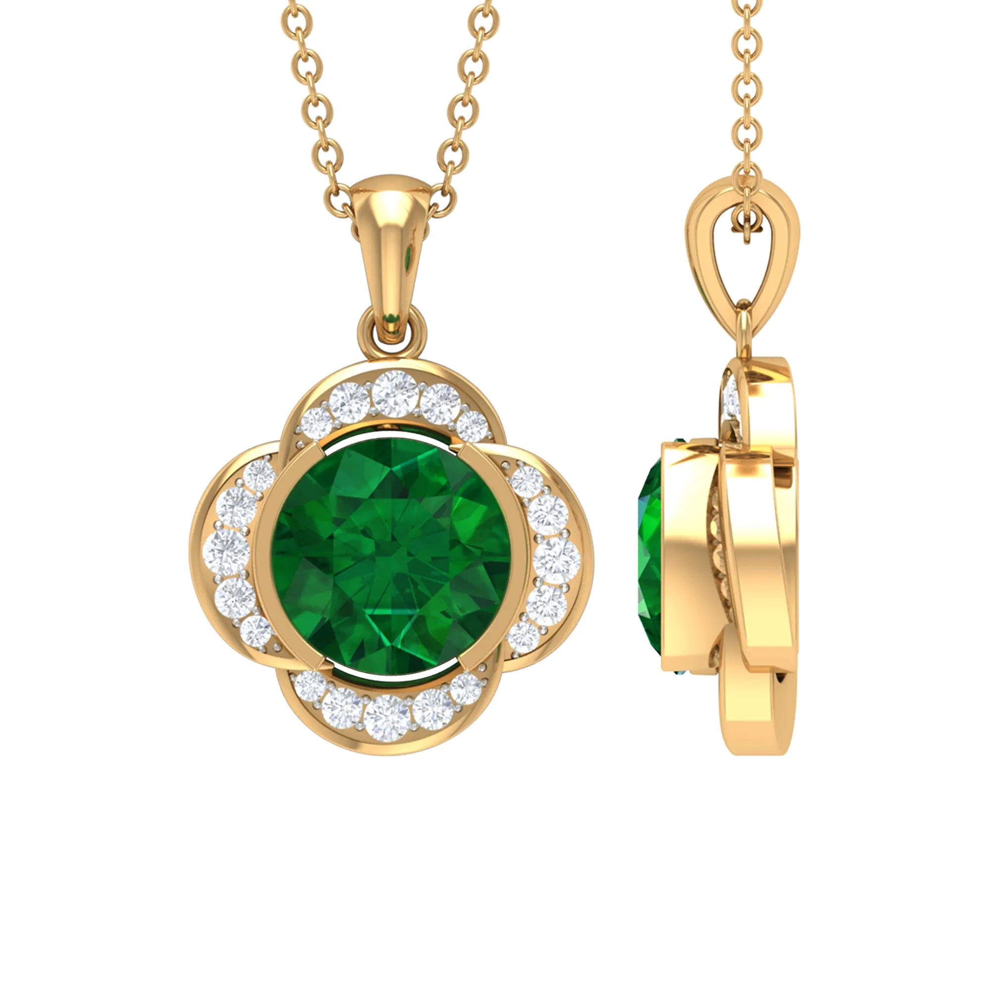 Lab Grown Emerald Flower Inspired Pendant Necklace With Diamond