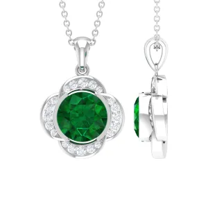 Lab Grown Emerald Flower Inspired Pendant Necklace With Diamond