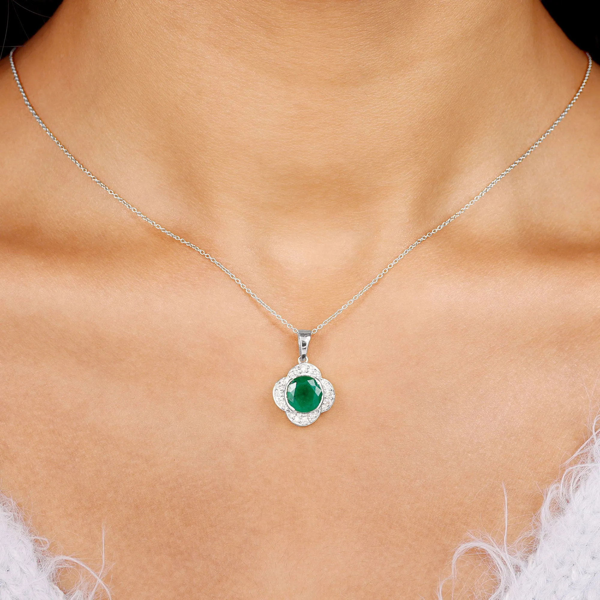 Lab Grown Emerald Flower Inspired Pendant Necklace With Diamond