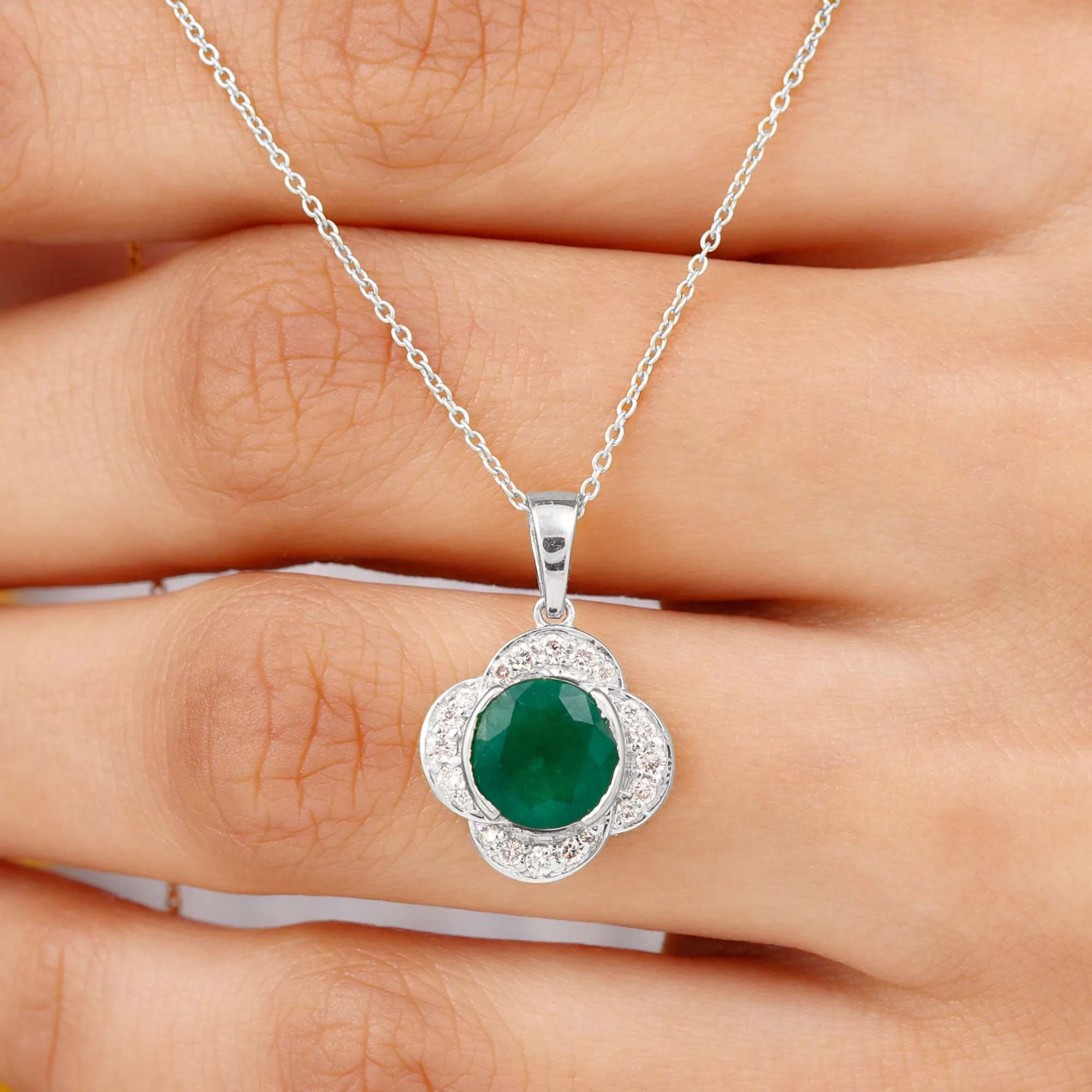 Lab Grown Emerald Flower Inspired Pendant Necklace With Diamond