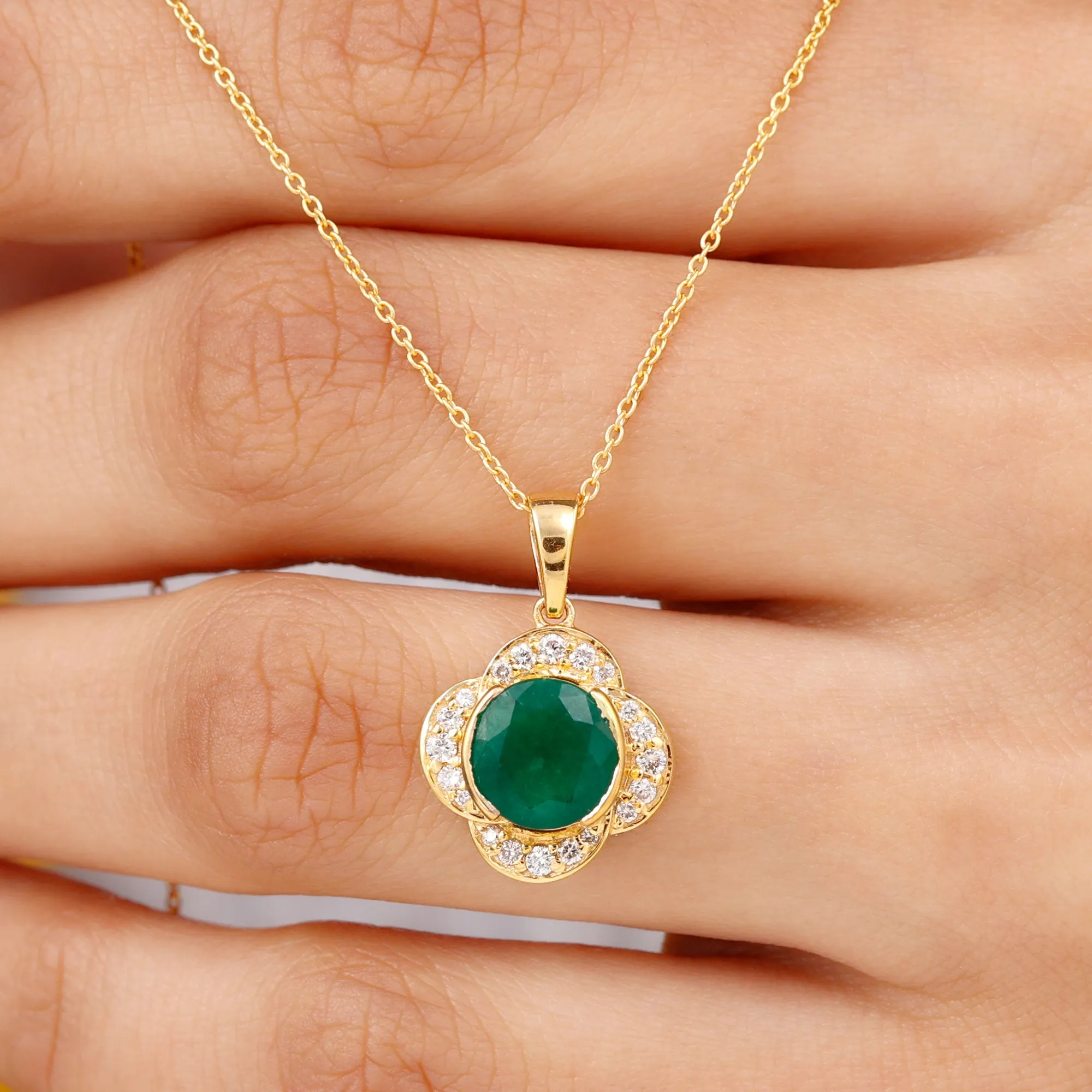 Lab Grown Emerald Flower Inspired Pendant Necklace With Diamond