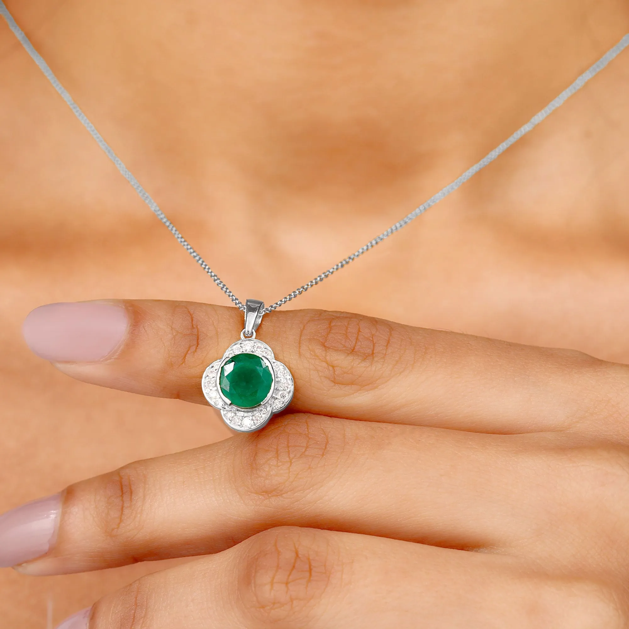 Lab Grown Emerald Flower Inspired Pendant Necklace With Diamond