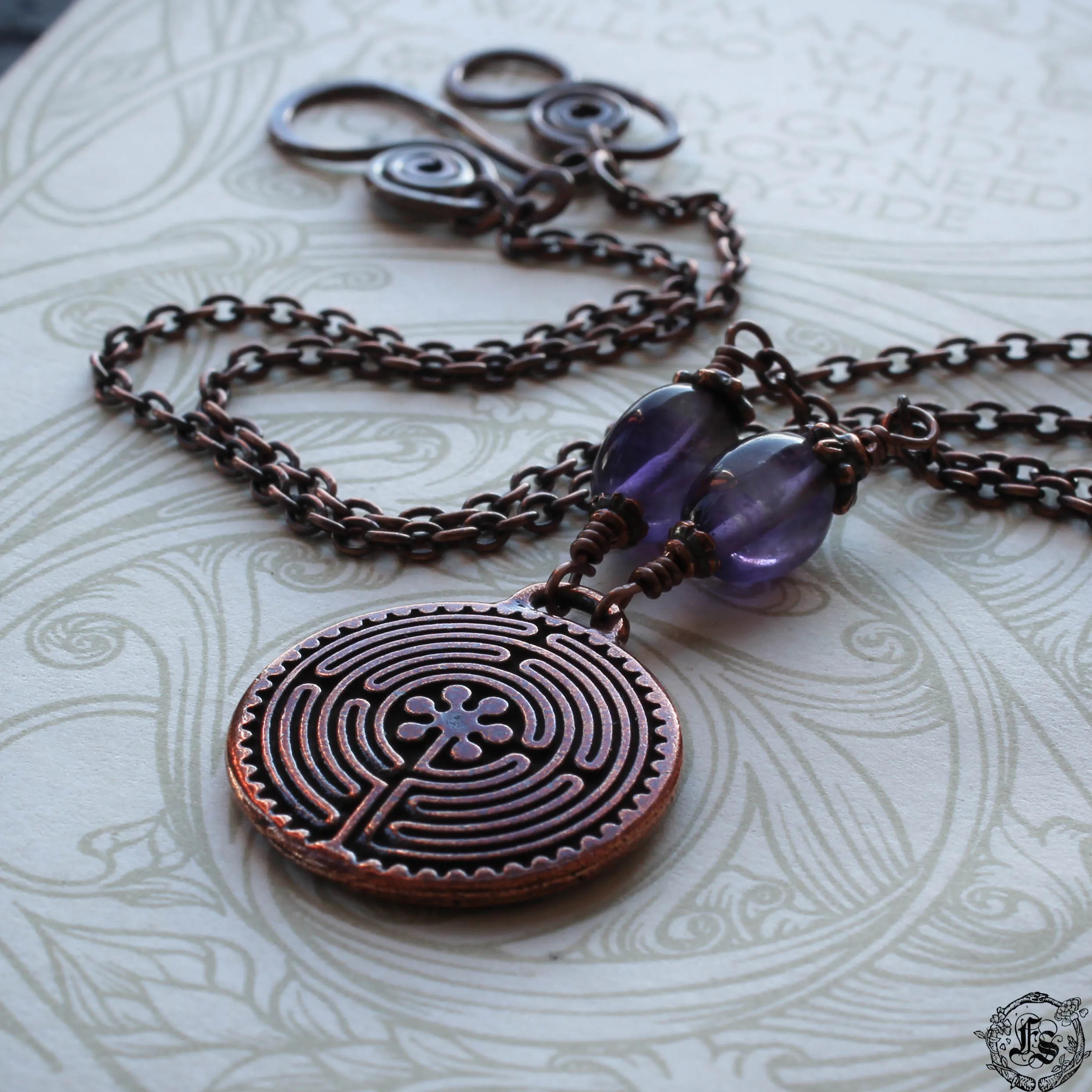 Labyrinth Pendant Necklace in Copper with Amethyst