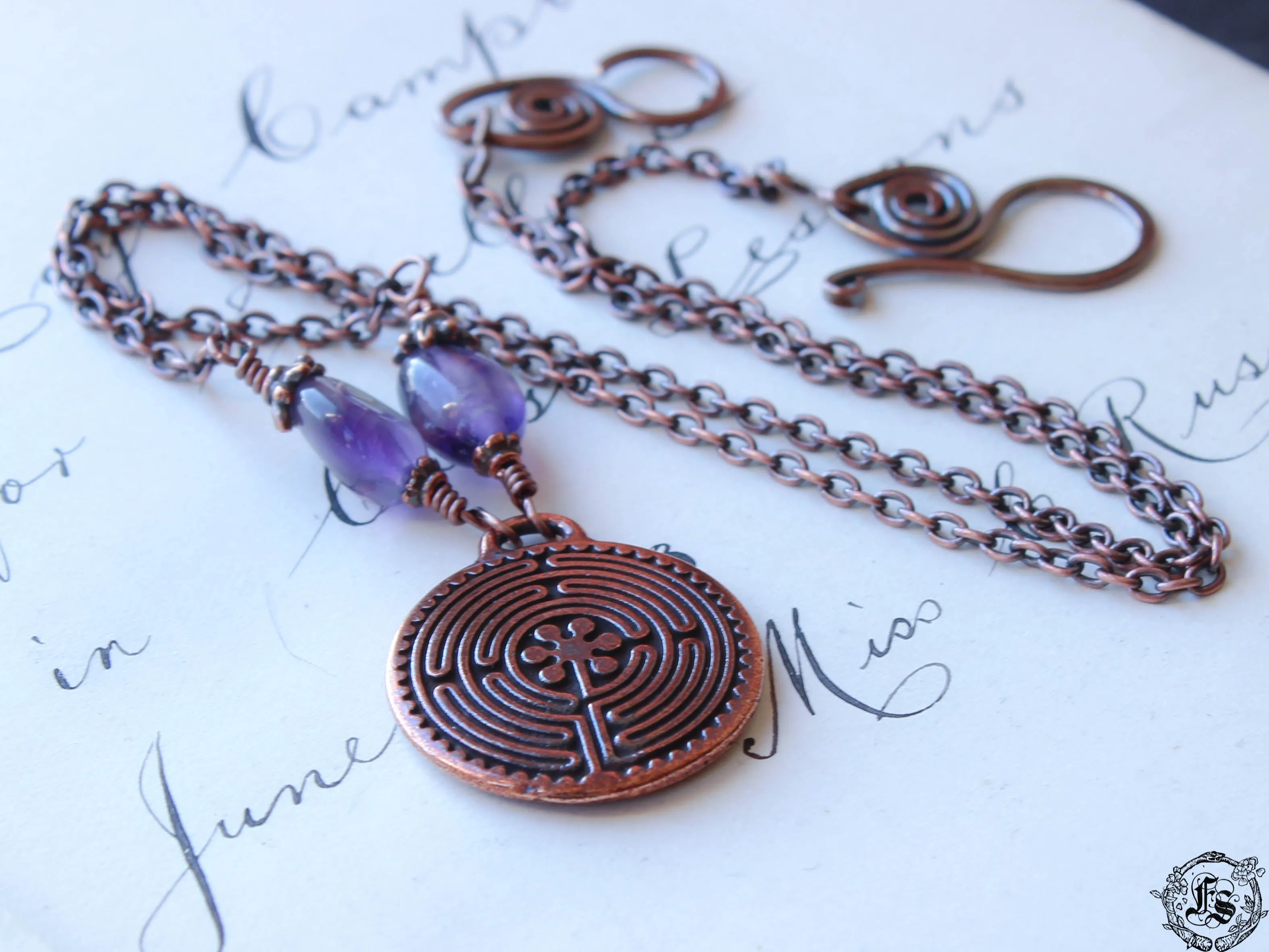 Labyrinth Pendant Necklace in Copper with Amethyst