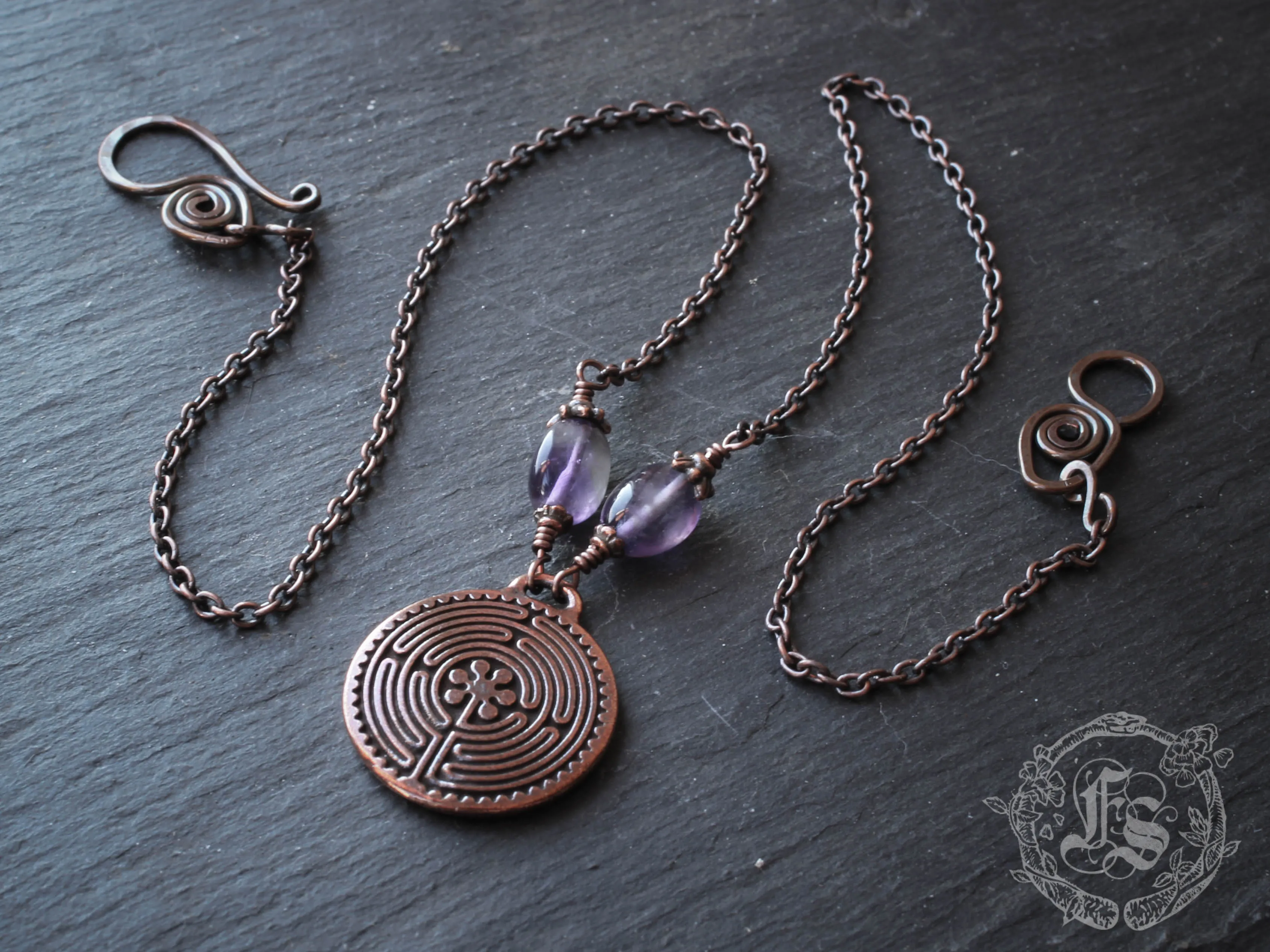 Labyrinth Pendant Necklace in Copper with Amethyst