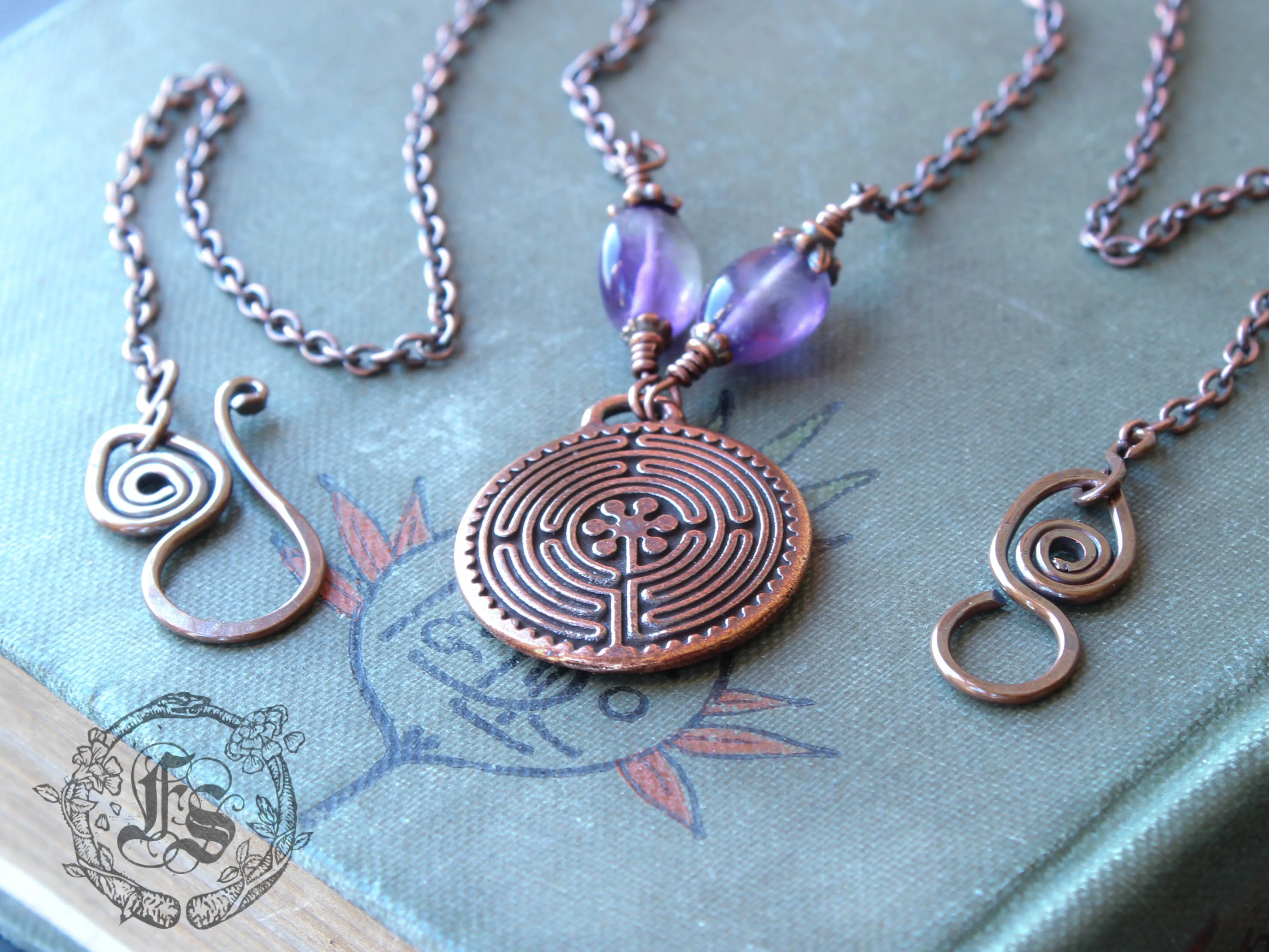 Labyrinth Pendant Necklace in Copper with Amethyst