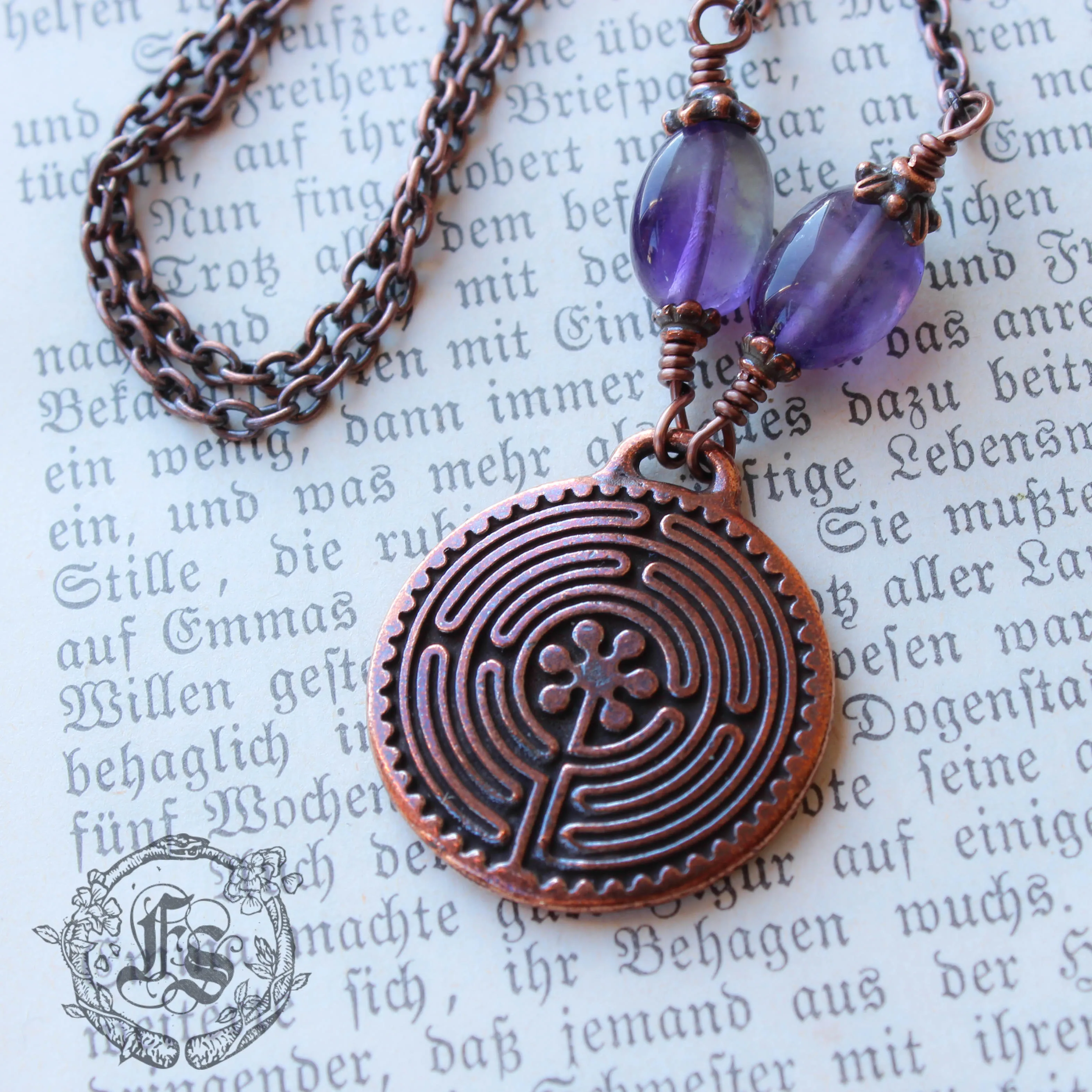 Labyrinth Pendant Necklace in Copper with Amethyst