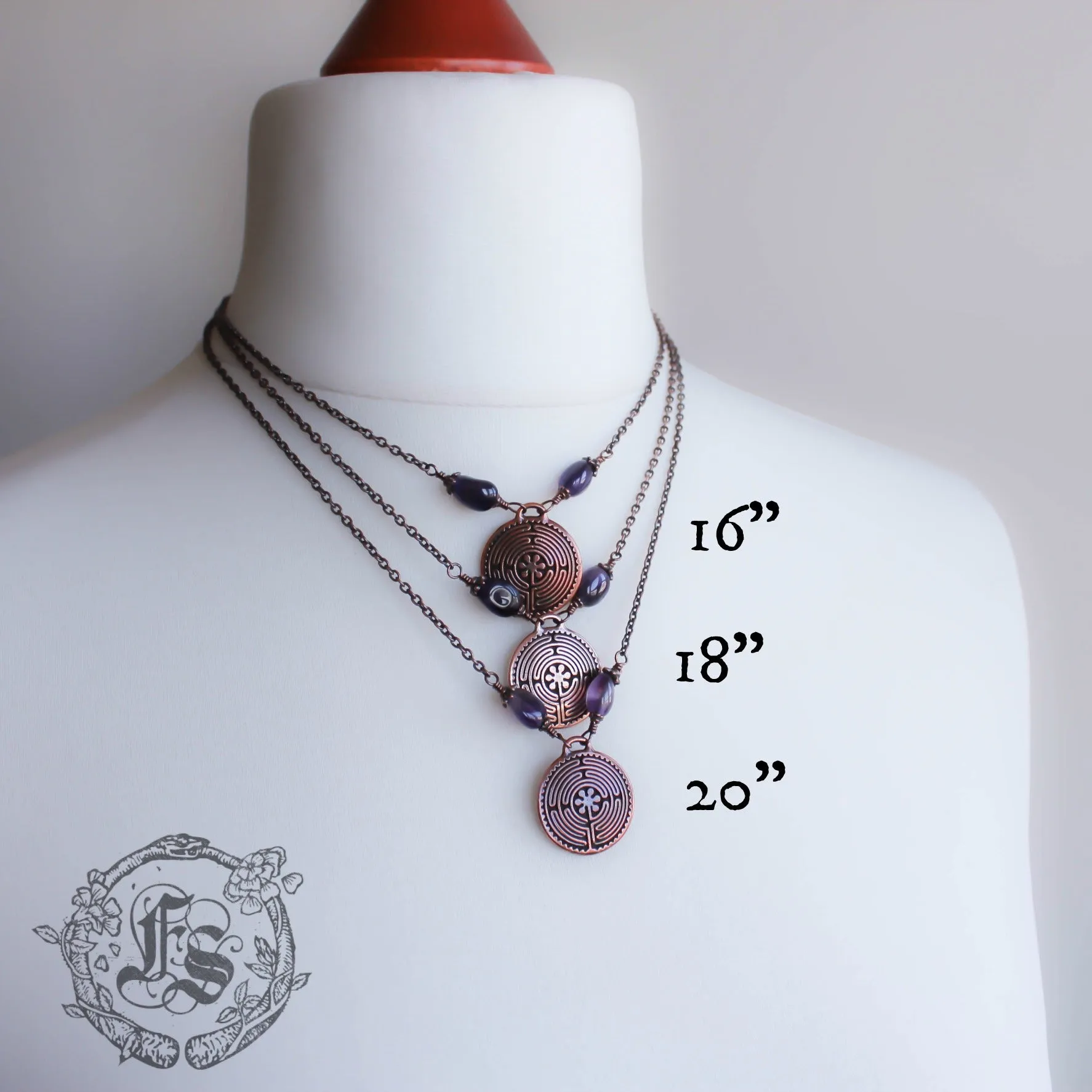 Labyrinth Pendant Necklace in Copper with Amethyst