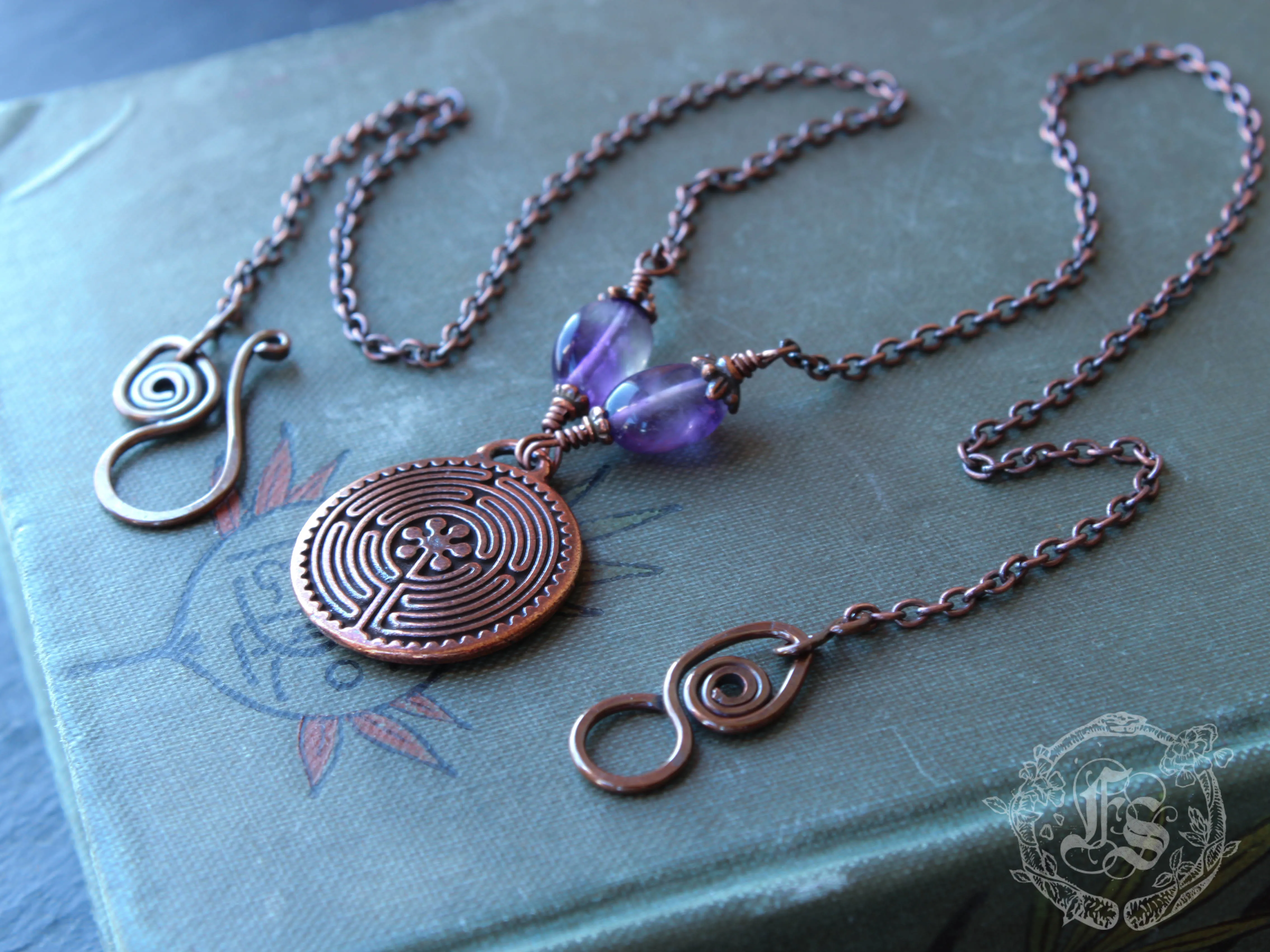 Labyrinth Pendant Necklace in Copper with Amethyst