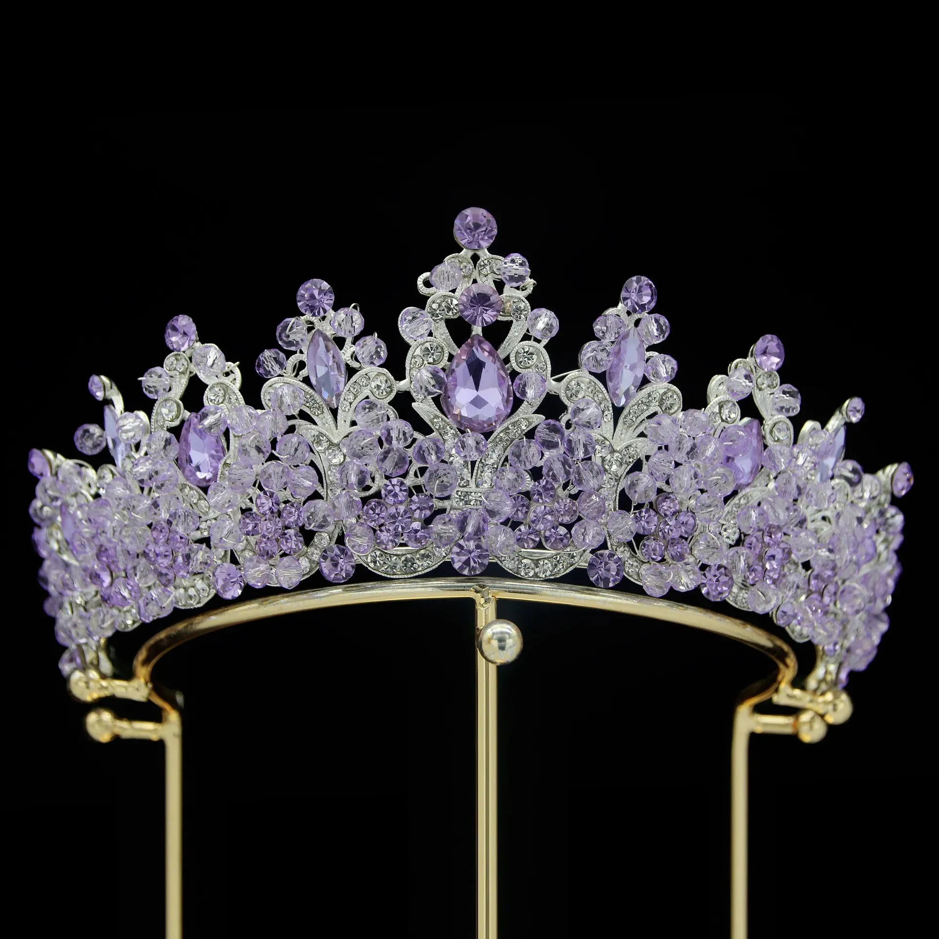 Luxury Royal Purple Crystal Beads  Rhinestone Queen Bridal Tiaras Crown