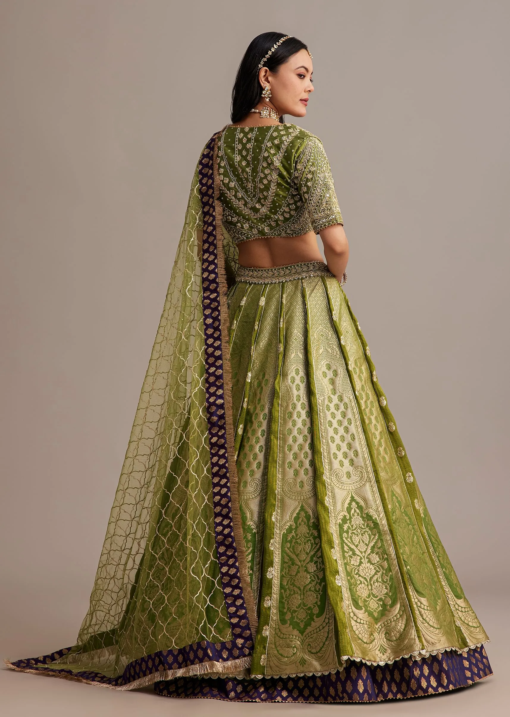 Mehendi Green Banarasi Silk Lehenga Set With Zardosi Work