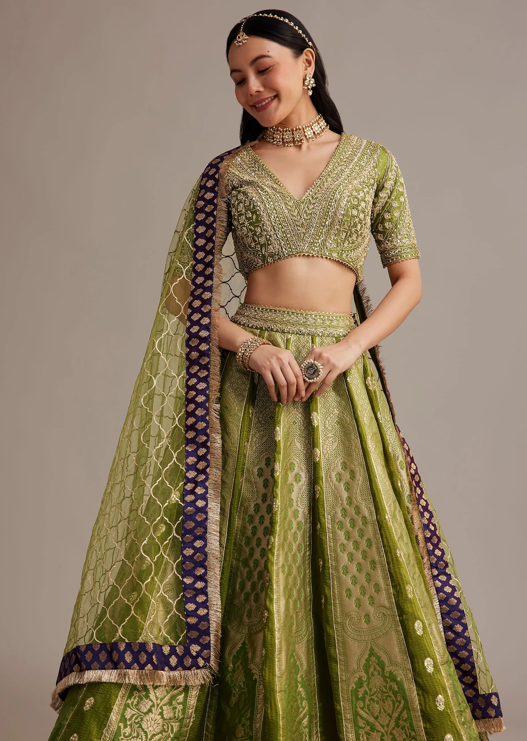 Mehendi Green Banarasi Silk Lehenga Set With Zardosi Work