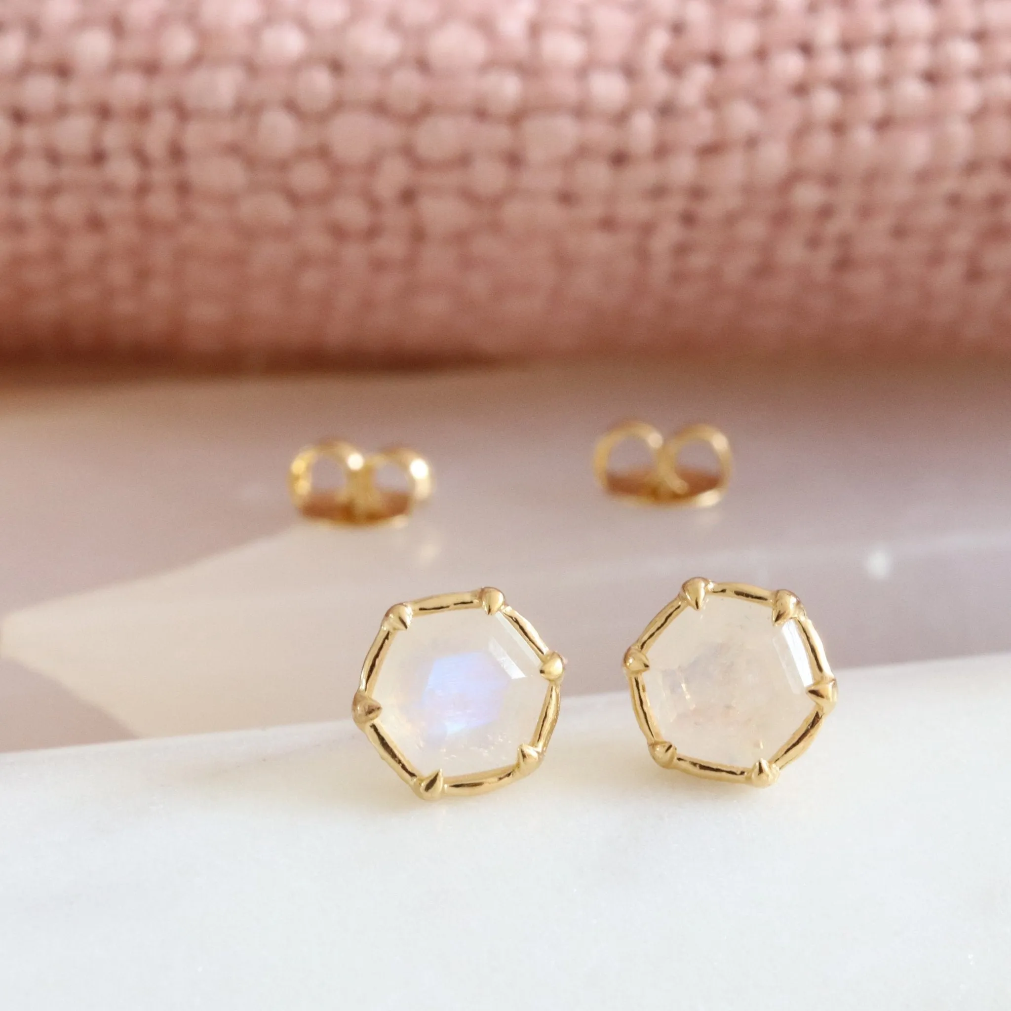 Mini Grace Hexagon Stud Earrings - Rainbow Moonstone & Gold