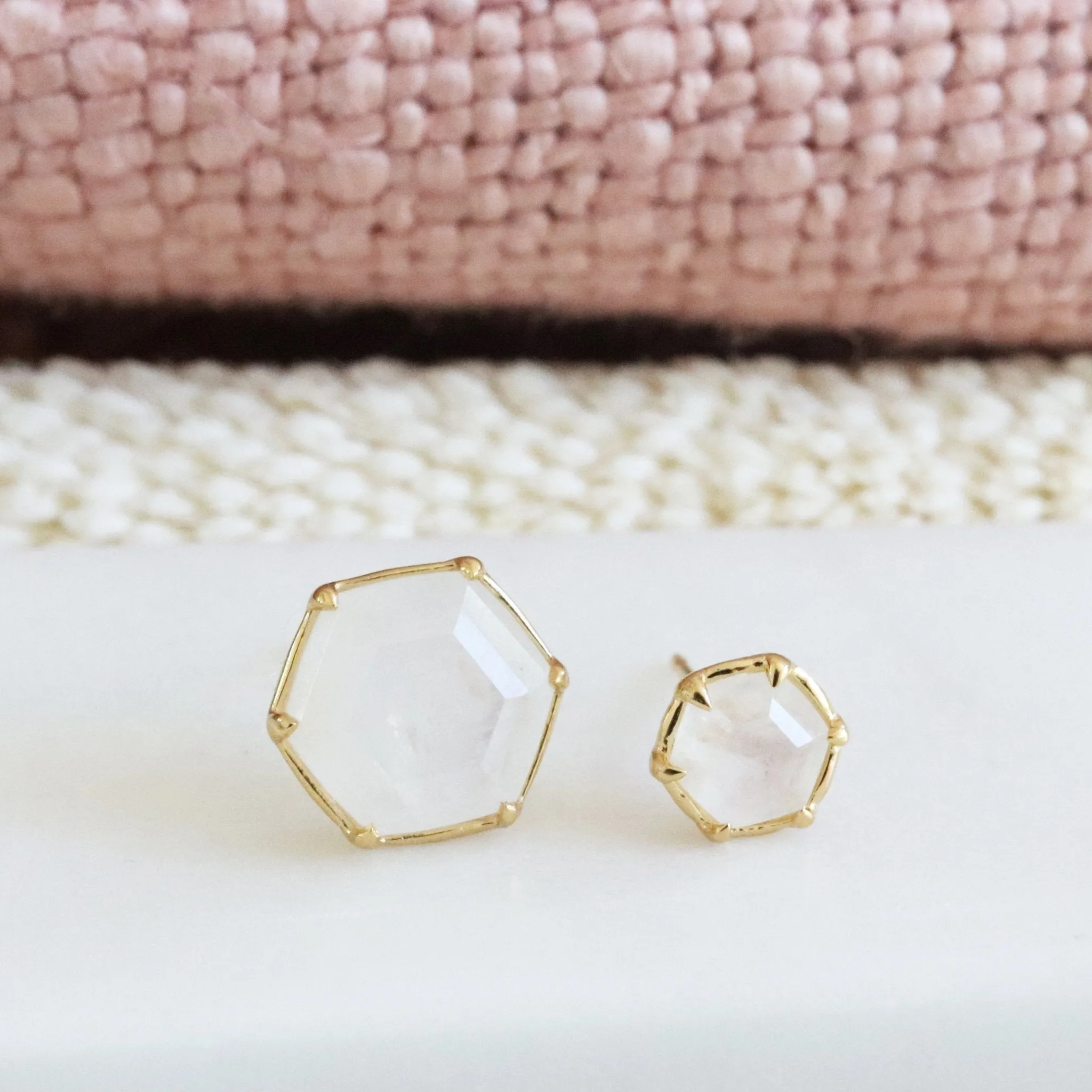 Mini Grace Hexagon Stud Earrings - Rainbow Moonstone & Gold