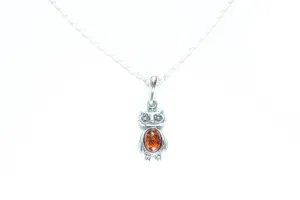 Mini Owl Charm Pendant - Handcrafted Sterling Silver Owl Necklace with Baltic Amber Stone - Perfect Gift for Wisdom and Learning