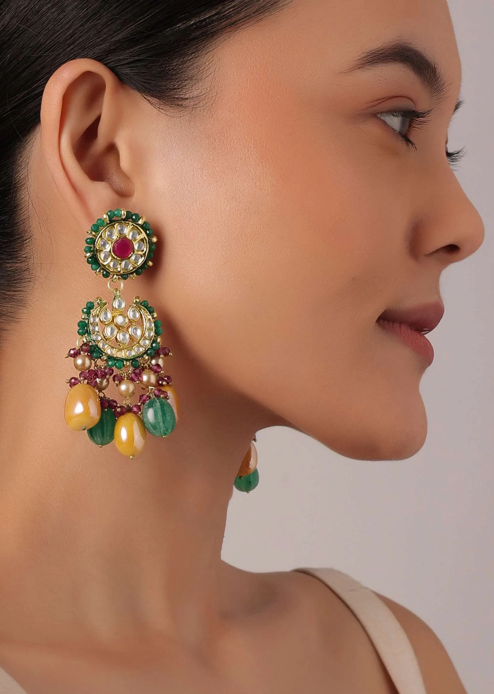 Multicolor Rajwadi Danglers With Kundan Polki And Bead Drops