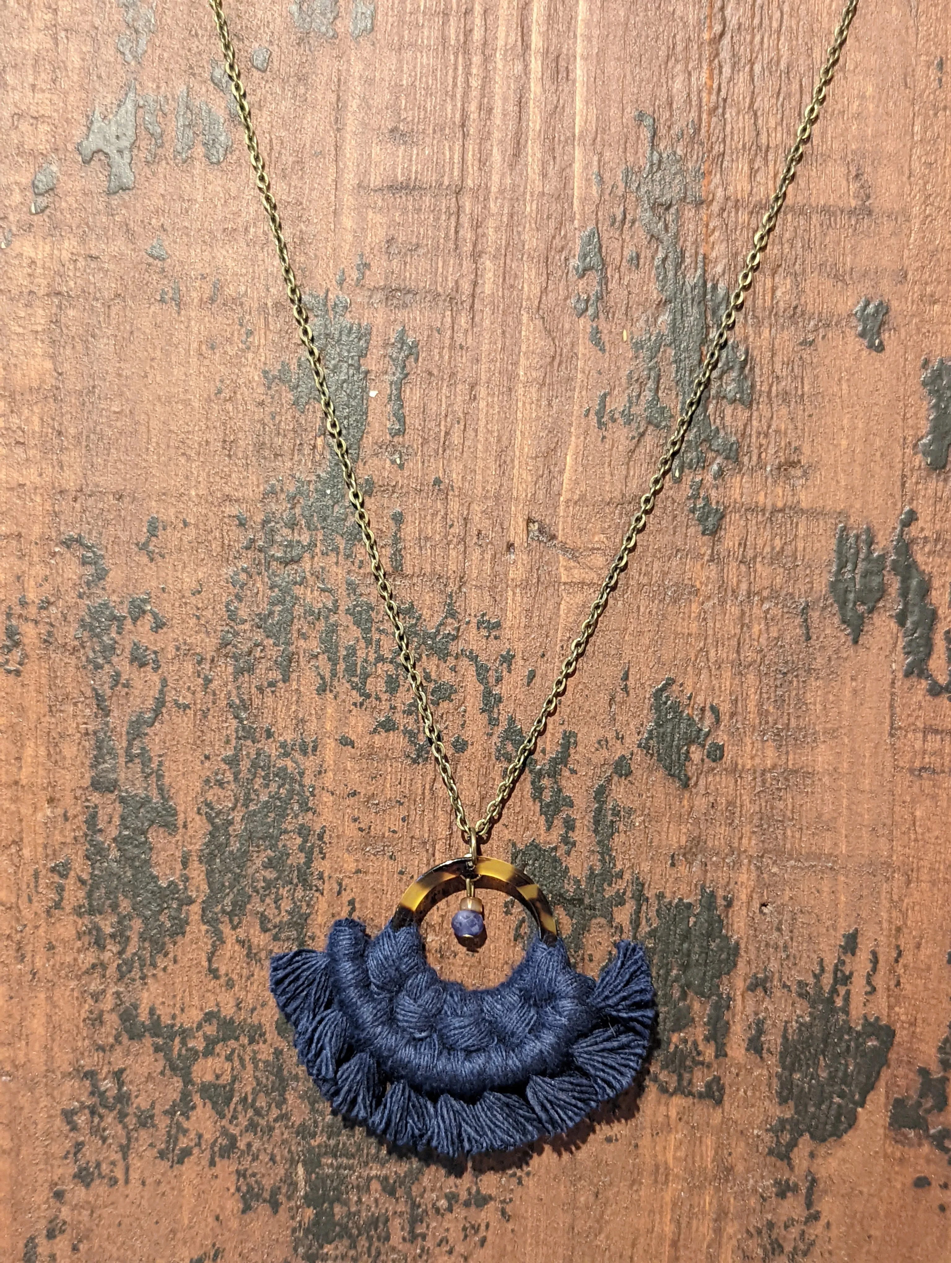 Navy on Amber Tortoise Shell Ring with Fluorite and Carnelian Stone Accent Necklace