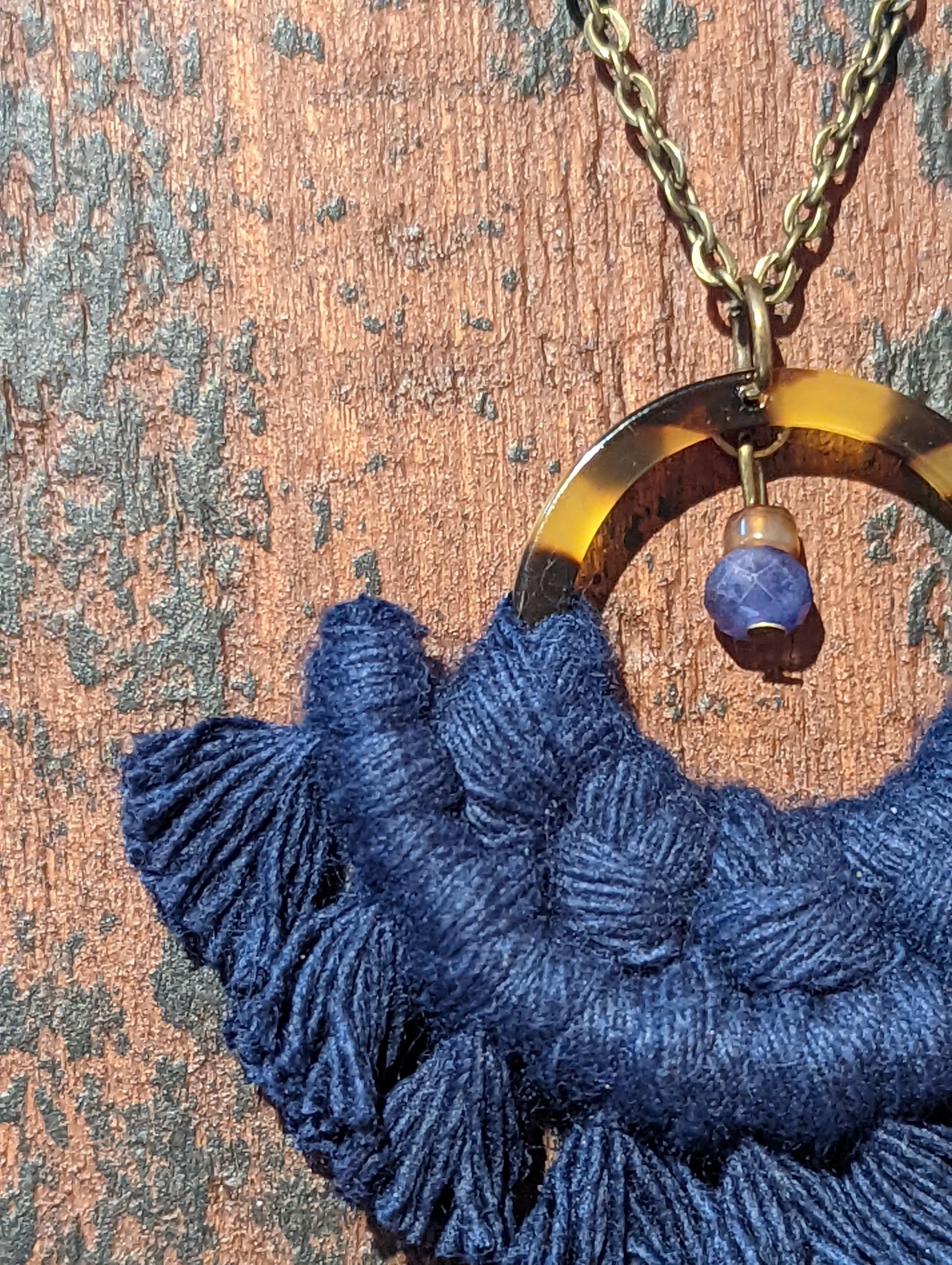 Navy on Amber Tortoise Shell Ring with Fluorite and Carnelian Stone Accent Necklace
