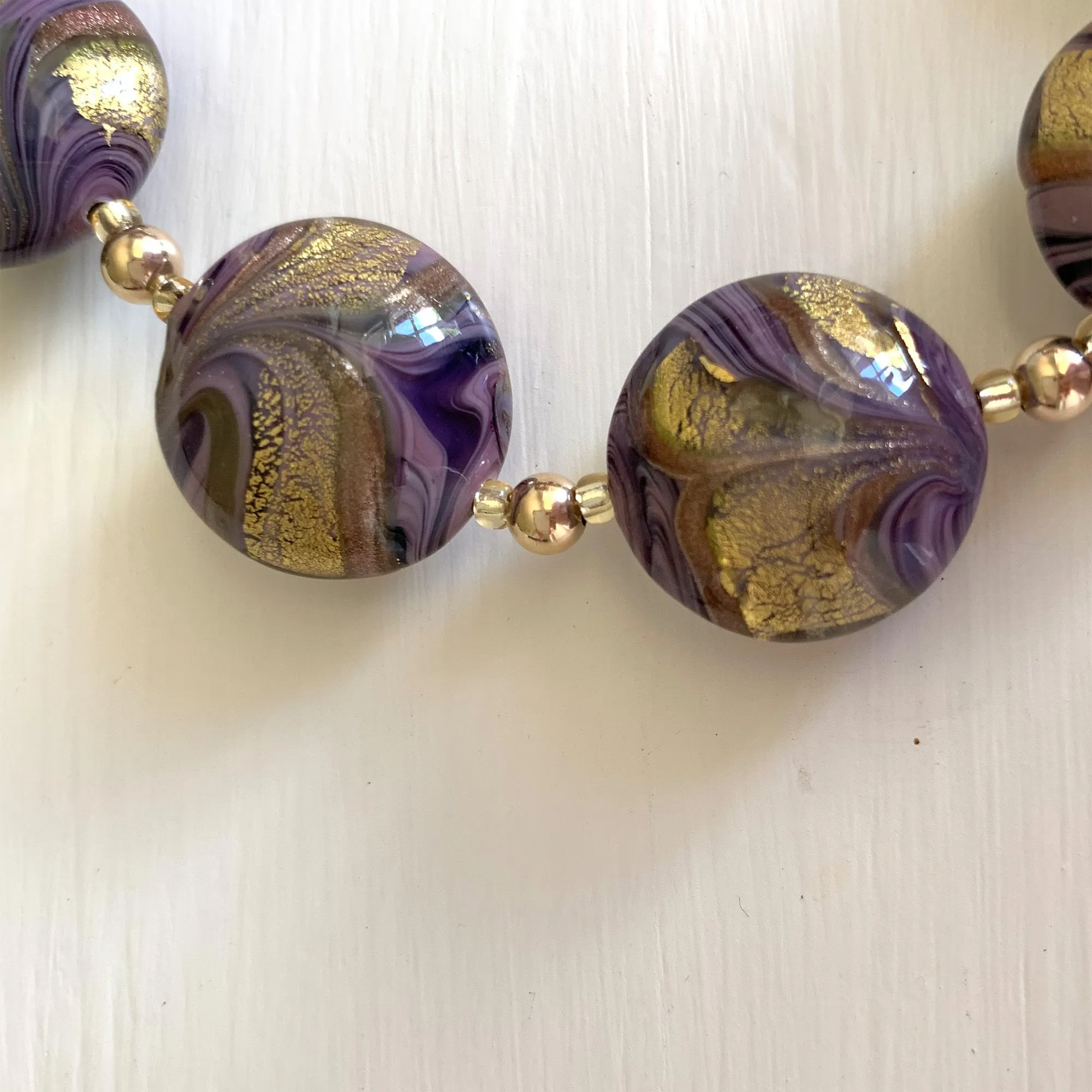 Necklace with byzantine purple and gold Murano glass medium lentil beads on gold