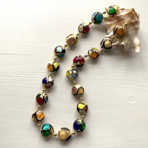 Necklace with multicolours, black and gold Murano glass large lentil beads on gold